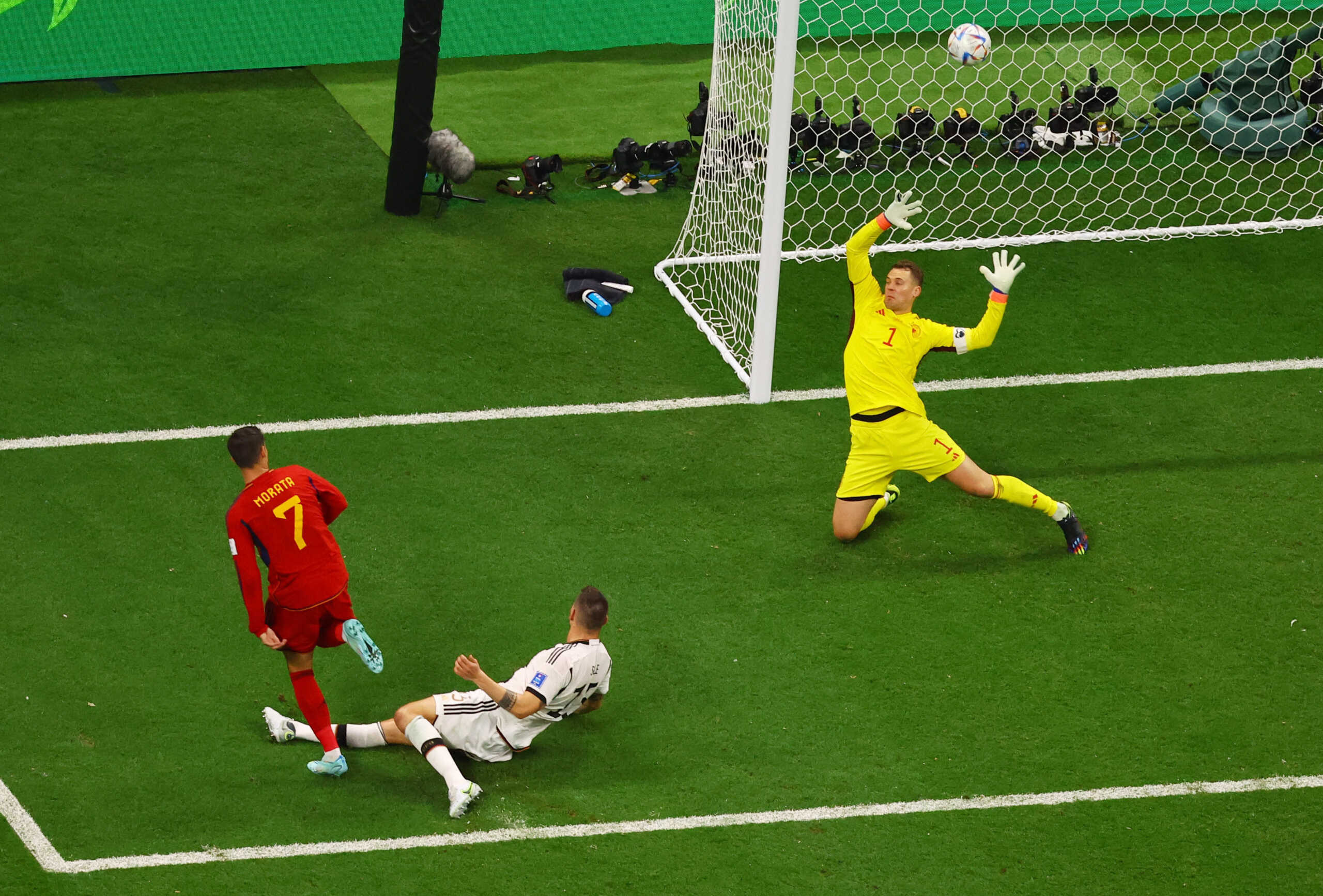 Soccer Football - FIFA World Cup Qatar 2022 - Group E - Spain v Germany - Al Bayt Stadium, Al Khor, Qatar - November 27, 2022 Spain's Alvaro Morata scores their first goal REUTERS