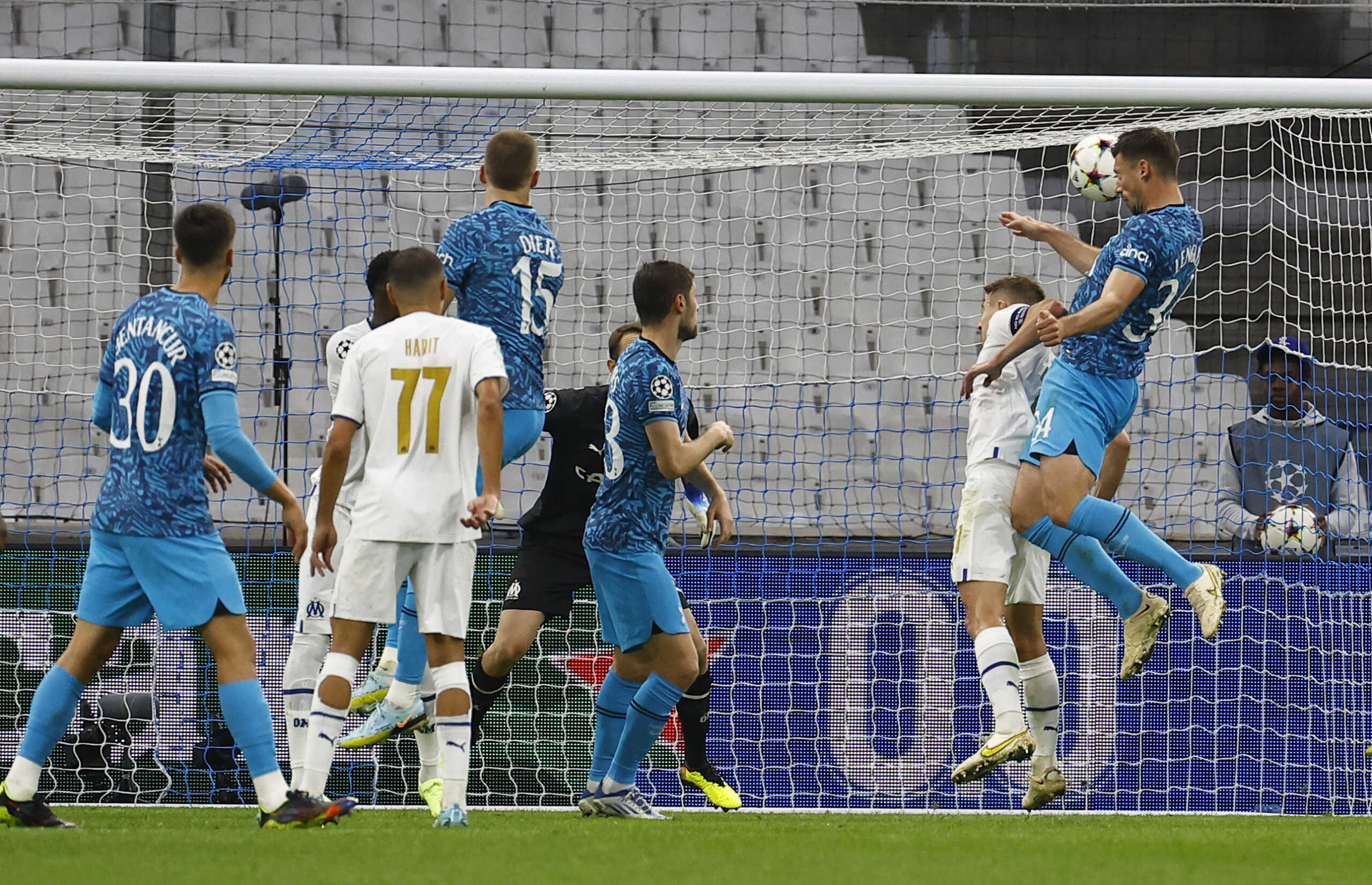 Soccer Football - Champions League - Group D - Olympique de Marseille v Tottenham Hotspur - Orange Velodrome, Marseille, France - November 1, 2022 Tottenham Hotspur's Clement Lenglet scores their first goal REUTERS