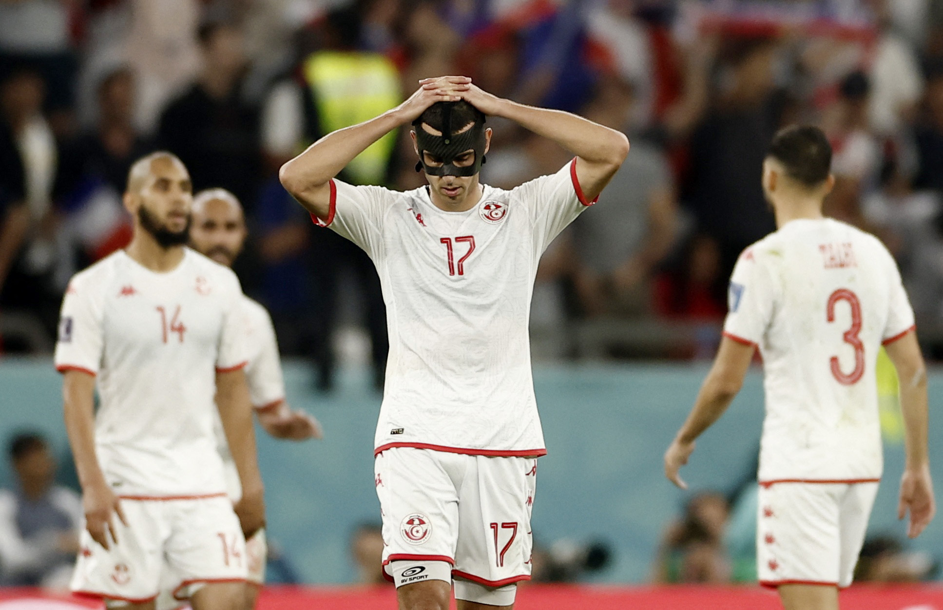 Soccer Football - FIFA World Cup Qatar 2022 - Group D - Tunisia v France - Education City Stadium, Al Rayyan, Qatar - November 30, 2022 Tunisia's Ellyes Skhiri reacts after France's Antoine Griezmann scores a goal that was later disallowed REUTERS