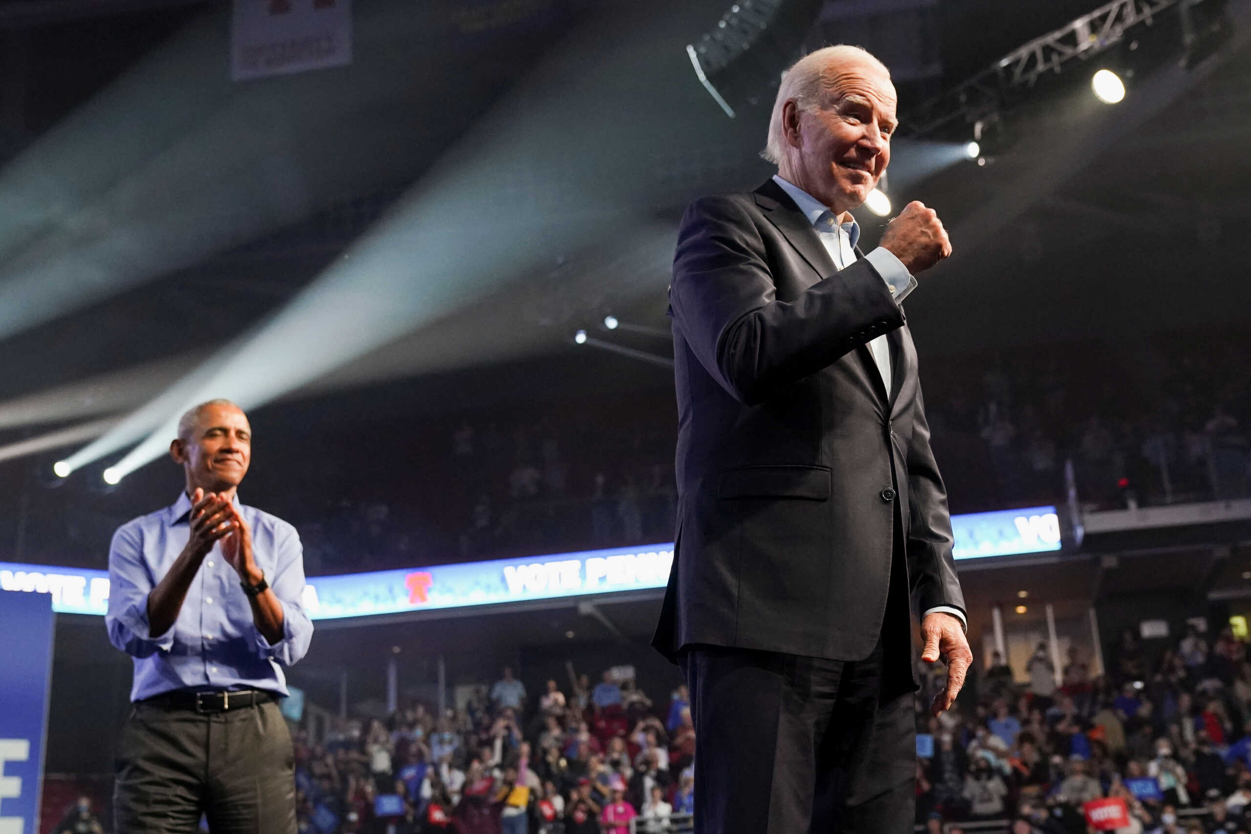 U.S. President Joe Biden and former President Barack Obama attend a campaign for Democratic U.S. senatorial candidate John Fetterman and Democratic nominee for Pennsylvania governor Josh Shapiro in Philadelphia, Pennsylvania, U.S. November 5, 2022. REUTERS