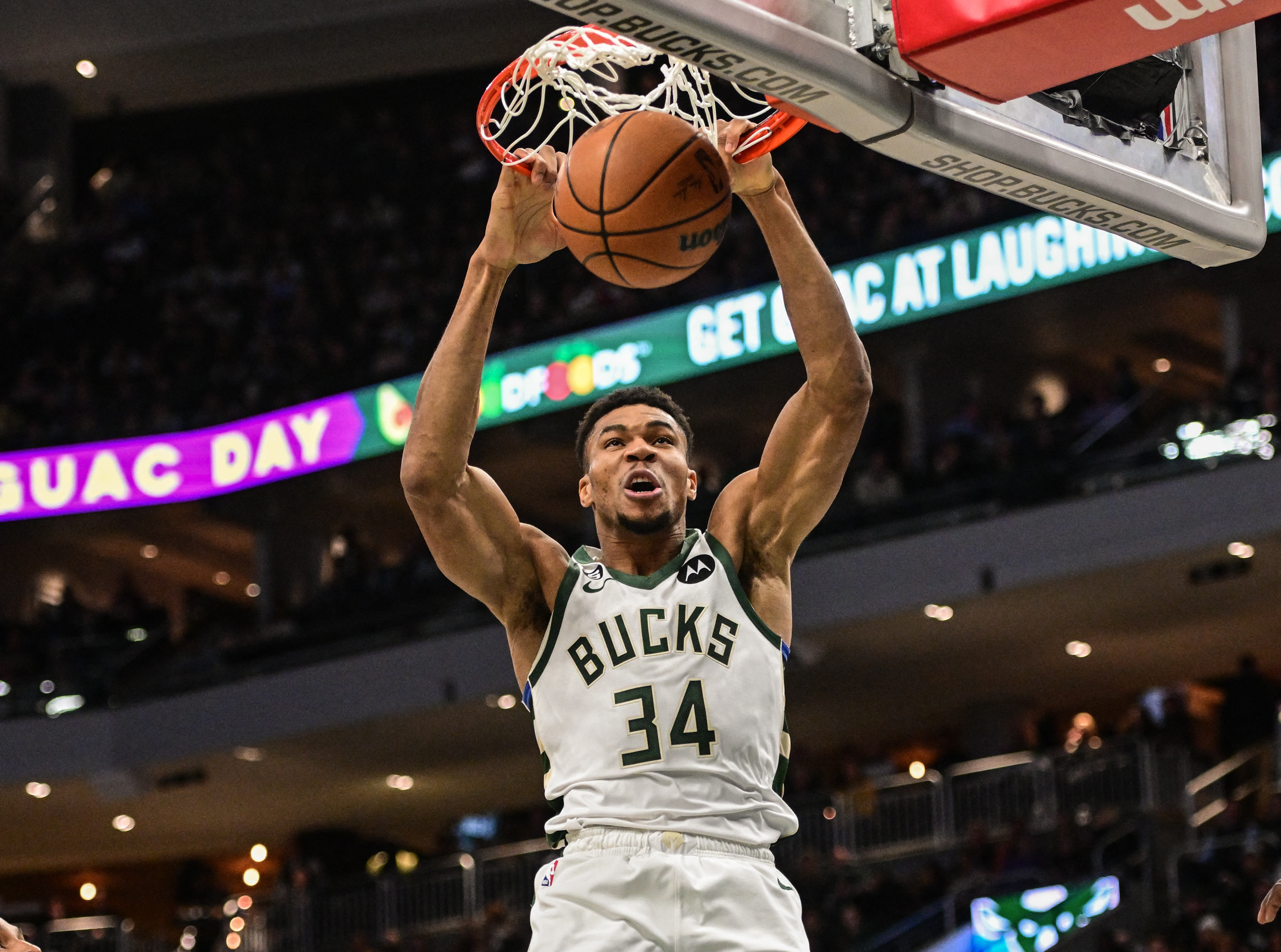 Nov 21, 2022; Milwaukee, Wisconsin, USA; Milwaukee Bucks forward Giannis Antetokounmpo (34) dunks a basket in the first quarter during game against the Portland Trail Blazers at Fiserv Forum. Mandatory Credit: Benny Sieu-USA TODAY Sports