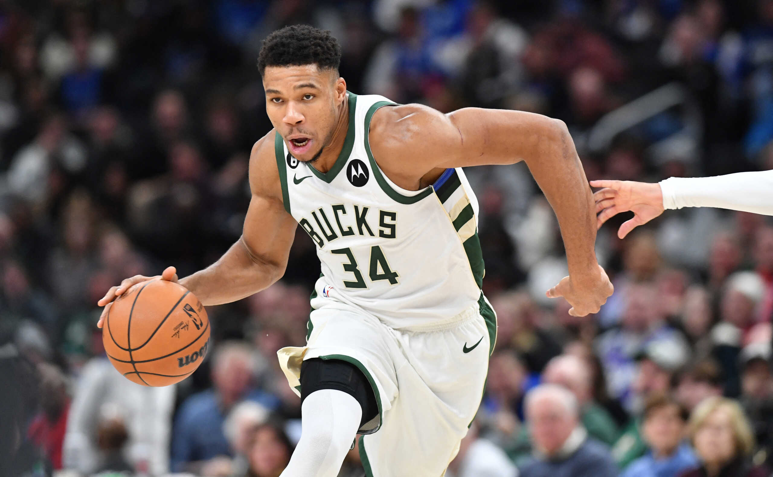 Nov 27, 2022; Milwaukee, Wisconsin, USA;  Milwaukee Bucks forward Giannis Antetokounmpo (34) drives to the basket against the Dallas Mavericks in the second half at Fiserv Forum. Mandatory Credit: Michael McLoone-USA TODAY Sports