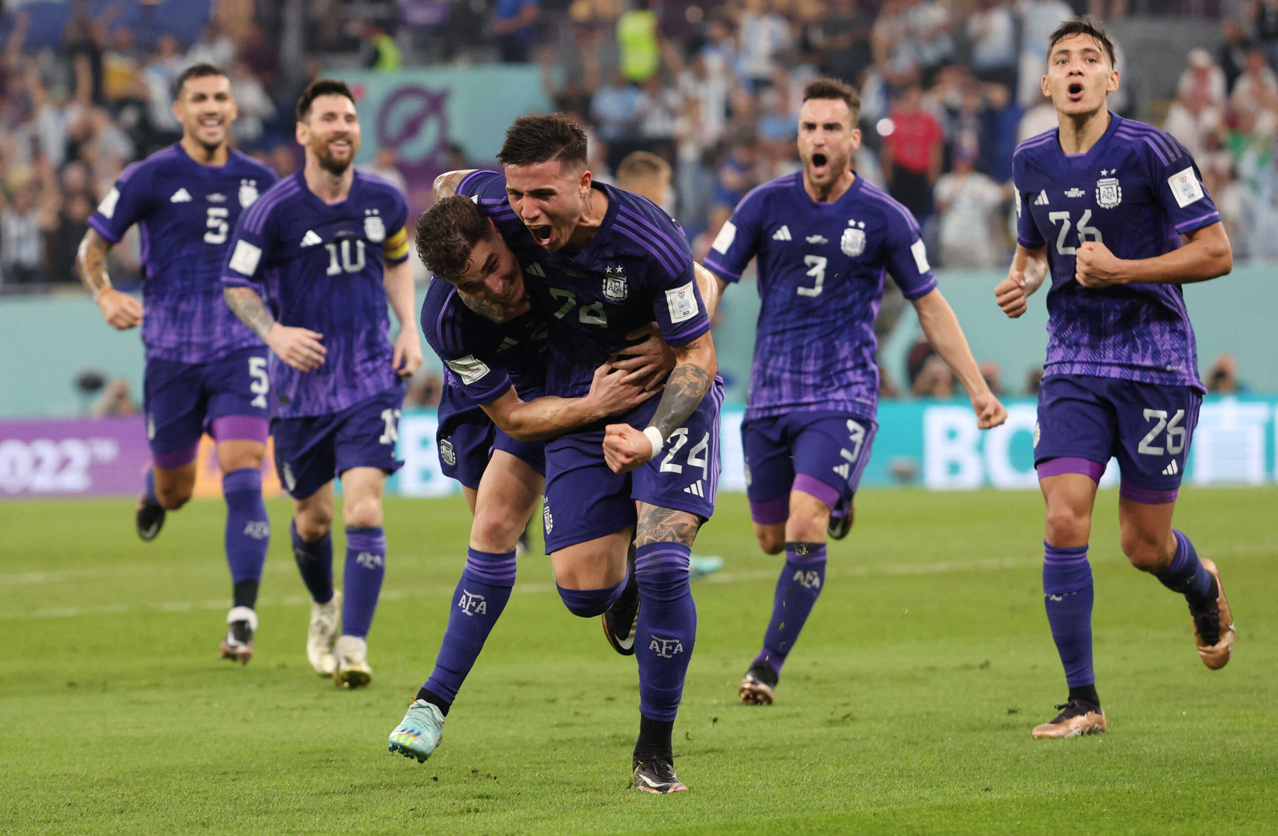 Soccer Football - FIFA World Cup Qatar 2022 - Group C - Poland v Argentina - Stadium 974, Doha, Qatar - November 30, 2022 Argentina's Julian Alvarez celebrates scoring their second goal with Enzo Fernandez and teammates REUTERS