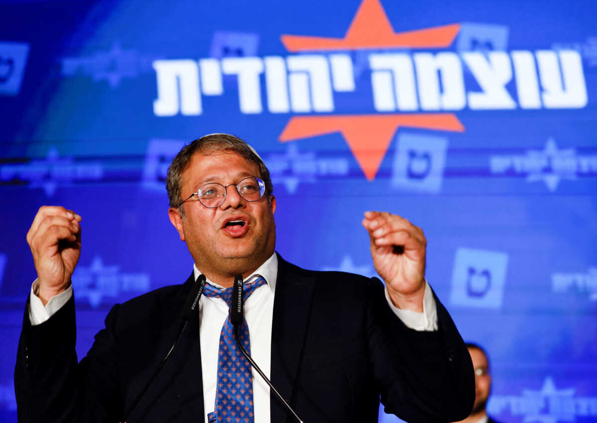 Jewish Power party leader Itamar Ben-Gvir speaks following the announcement of exit polls in Israel's general election, at his party headquarters in Jerusalem November 2, 2022. REUTERS