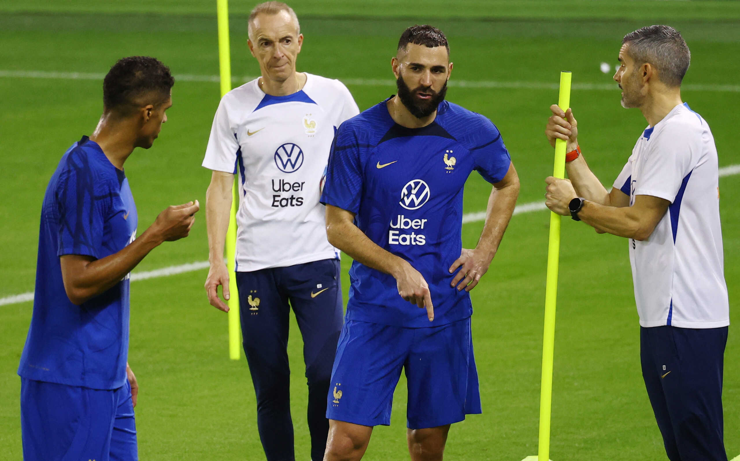 Soccer Football - FIFA World Cup Qatar 2022 - France Training - Al Sadd SC Stadium, Doha, Qatar - November 17, 2022 France's Karim Benzema and Raphael Varane during training REUTERS