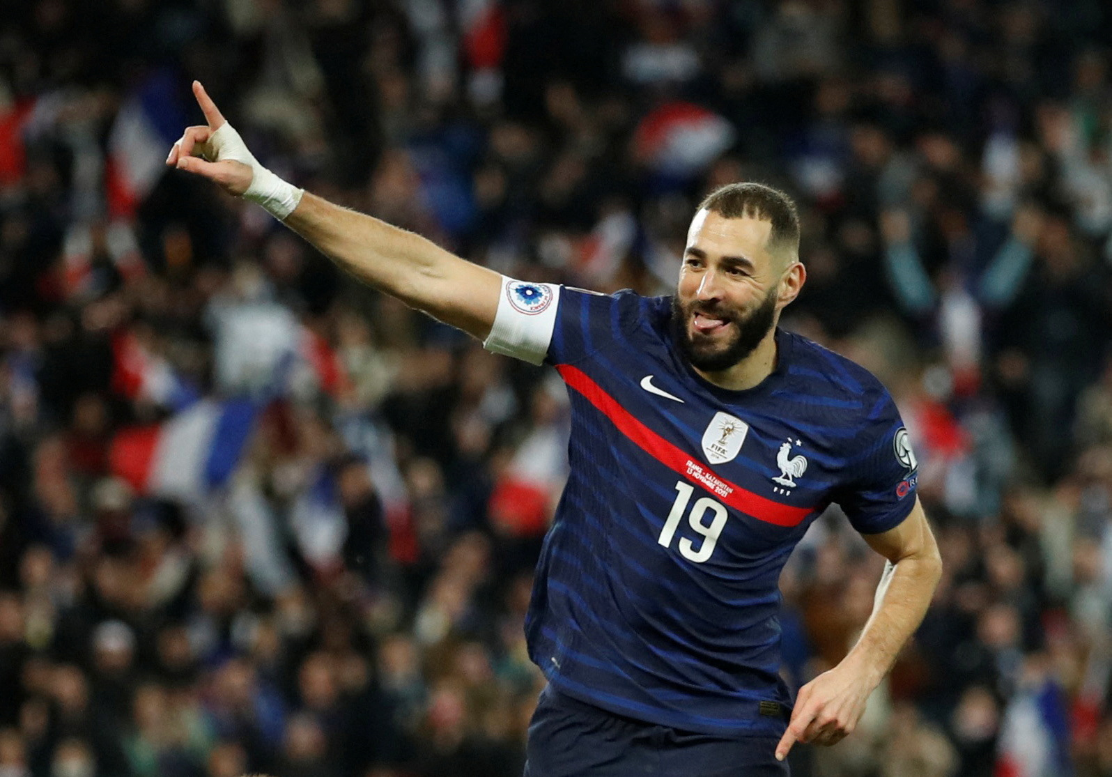 FILE PHOTO: Soccer Football - World Cup - UEFA Qualifiers - Group D - France v Kazakhstan - Parc des Princes, Paris, France - November 13, 2021  France's Karim Benzema celebrates scoring their fourth goal REUTERS