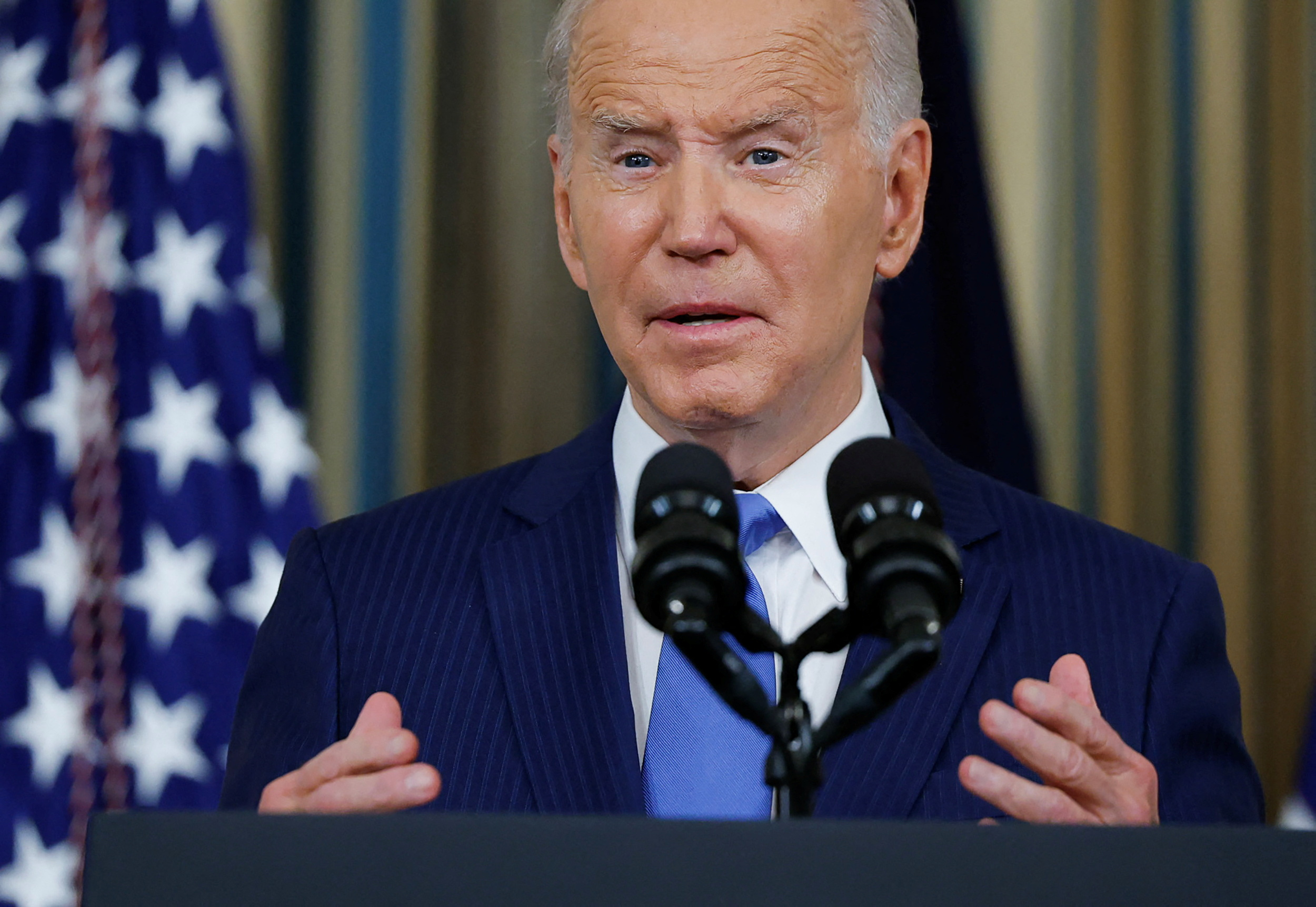 U.S. President Joe Biden discusses the 2022 U.S. midterm election results during a news conference in the State Dining Room at the White House in Washington, U.S., November 9, 2022. REUTERS