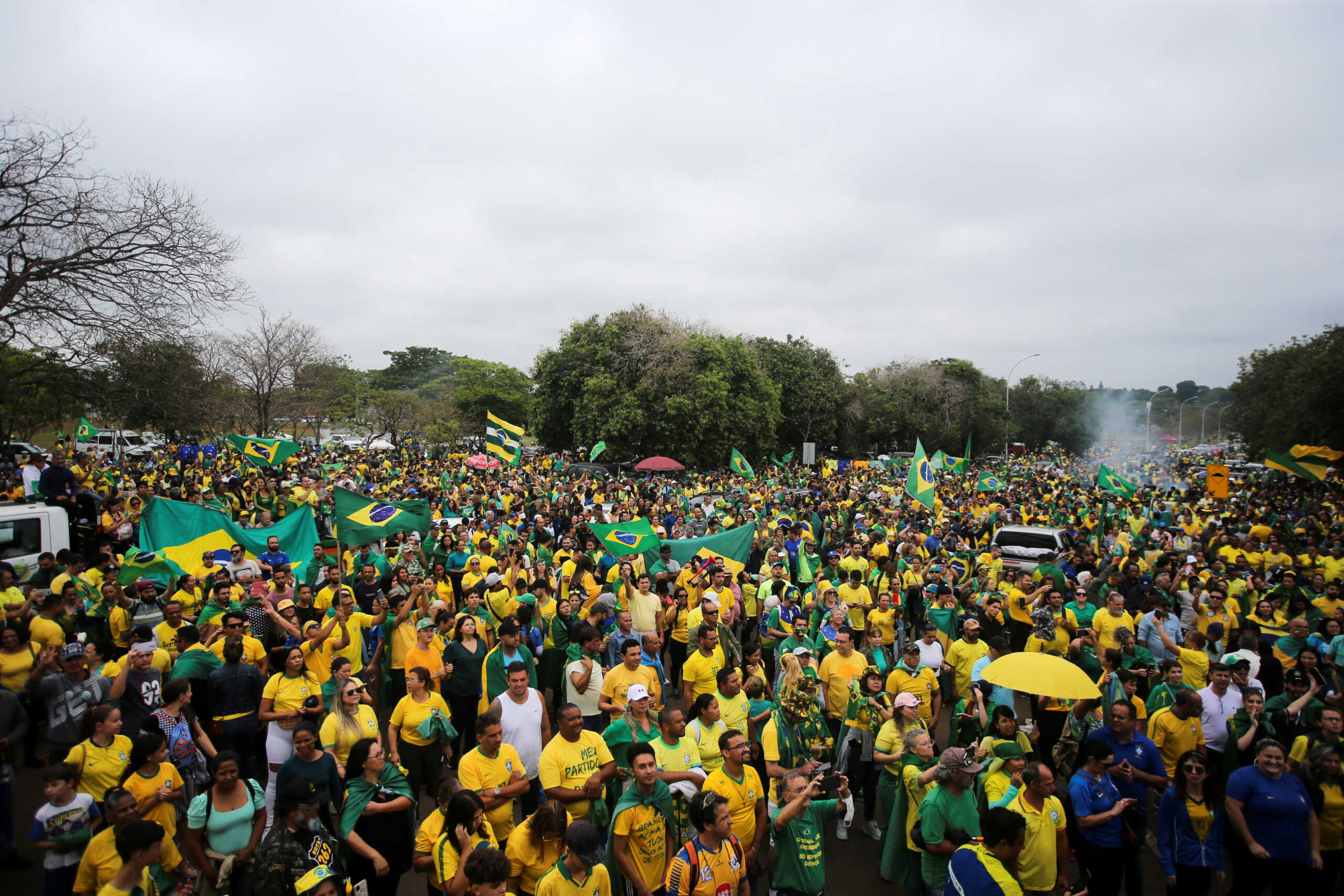 Supporters of Brazil's President Jair Bolsonaro protest against President-elect Luiz Inacio Lula da Silva who won a third term following the presidential election run-off, at Urban Military Sector in Brasilia, Brazil, November 2, 2022. REUTERS