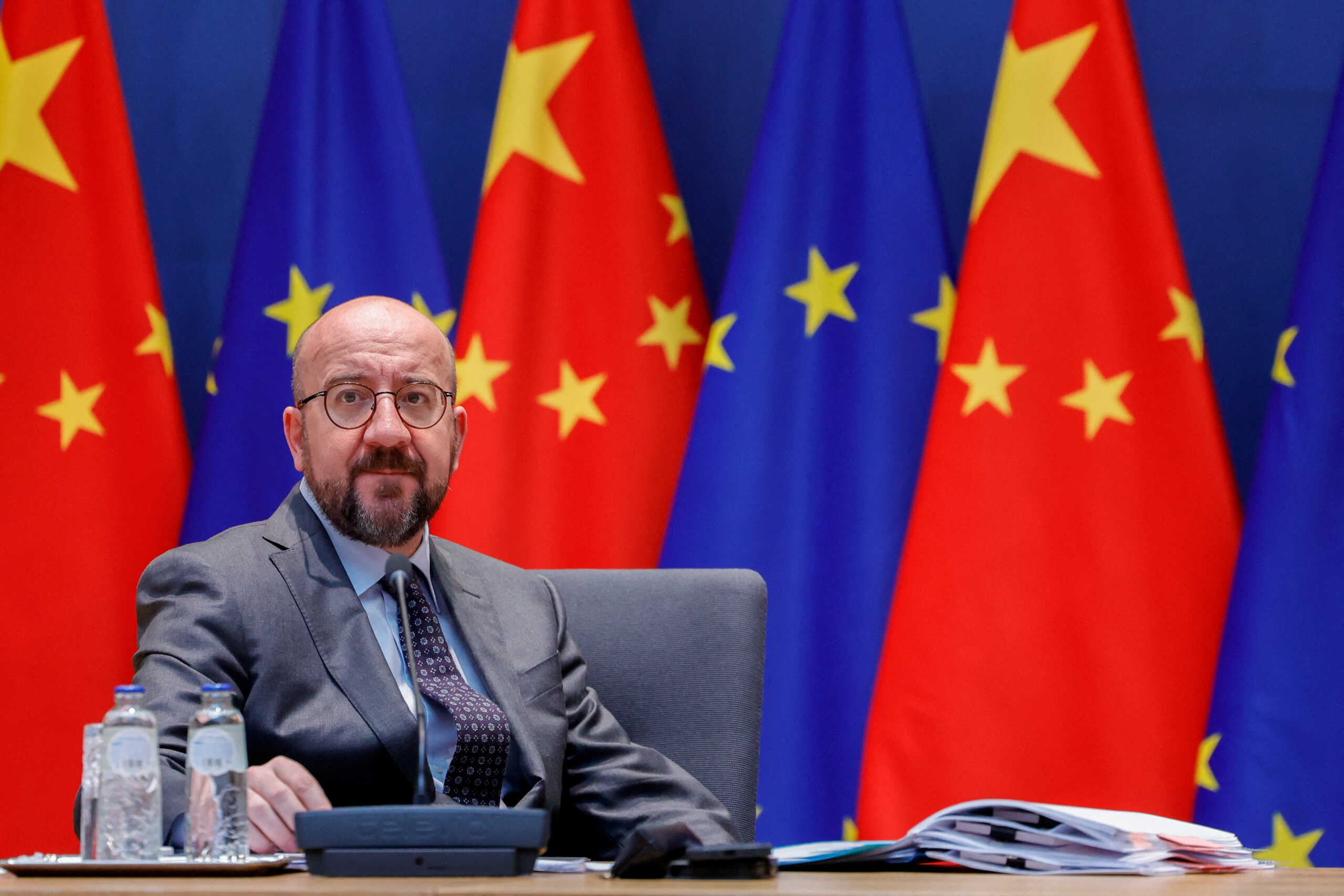 FILE PHOTO: European Council President Charles Michel speaks with European Union foreign policy chief Josep Borrell, European Commission President Ursula von der Leyen and the Chinese President Xi Jinping via video conference during an EU-China summit at the European Council building in Brussels, Belgium April 1, 2022. Olivier Matthys