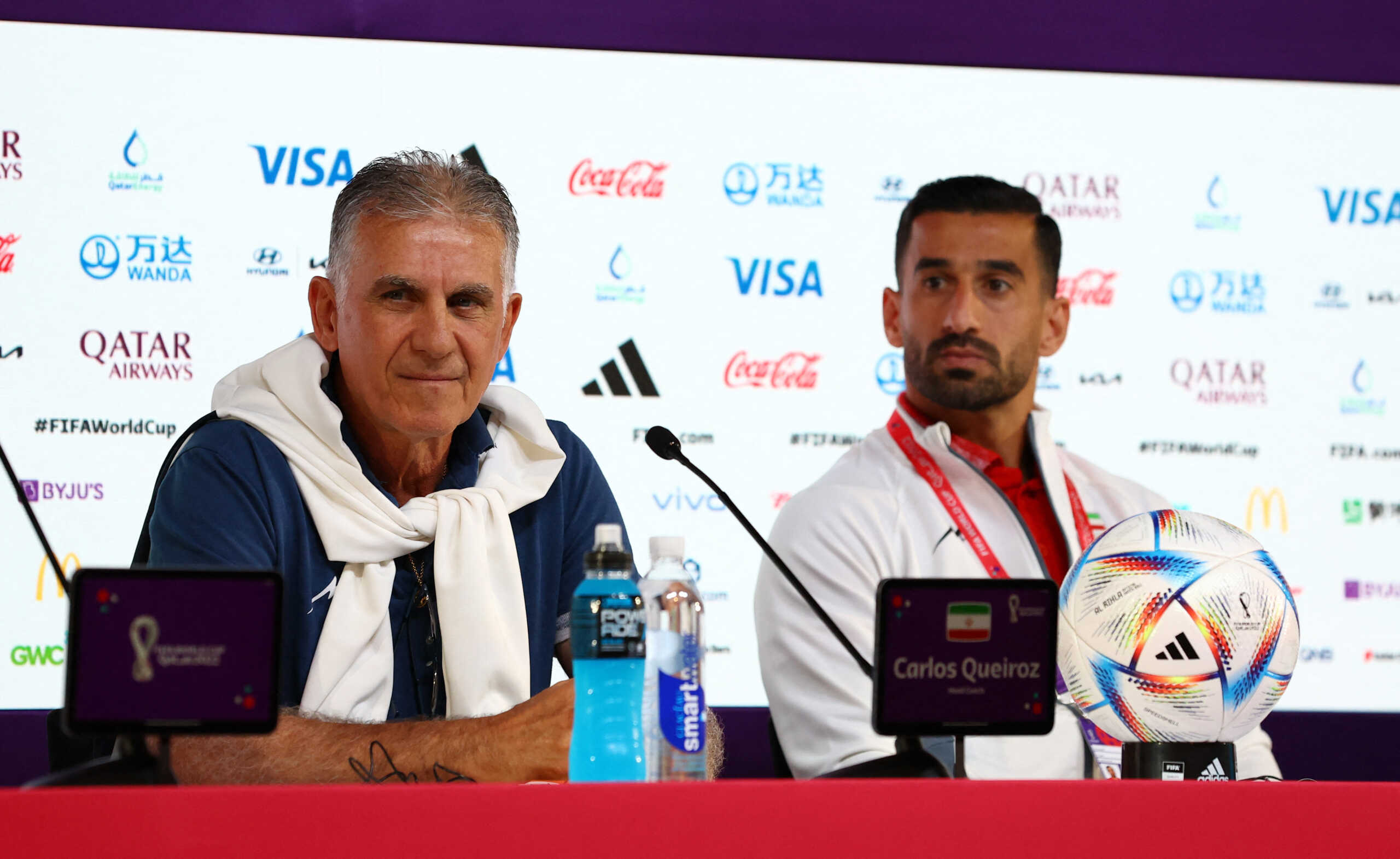 Soccer Football - FIFA World Cup Qatar 2022 - Iran Press Conference - Main Media Center, Doha, Qatar - November 20, 2022 Iran coach Carlos Queiroz and Ehsan Hajisafi during a press conference REUTERS