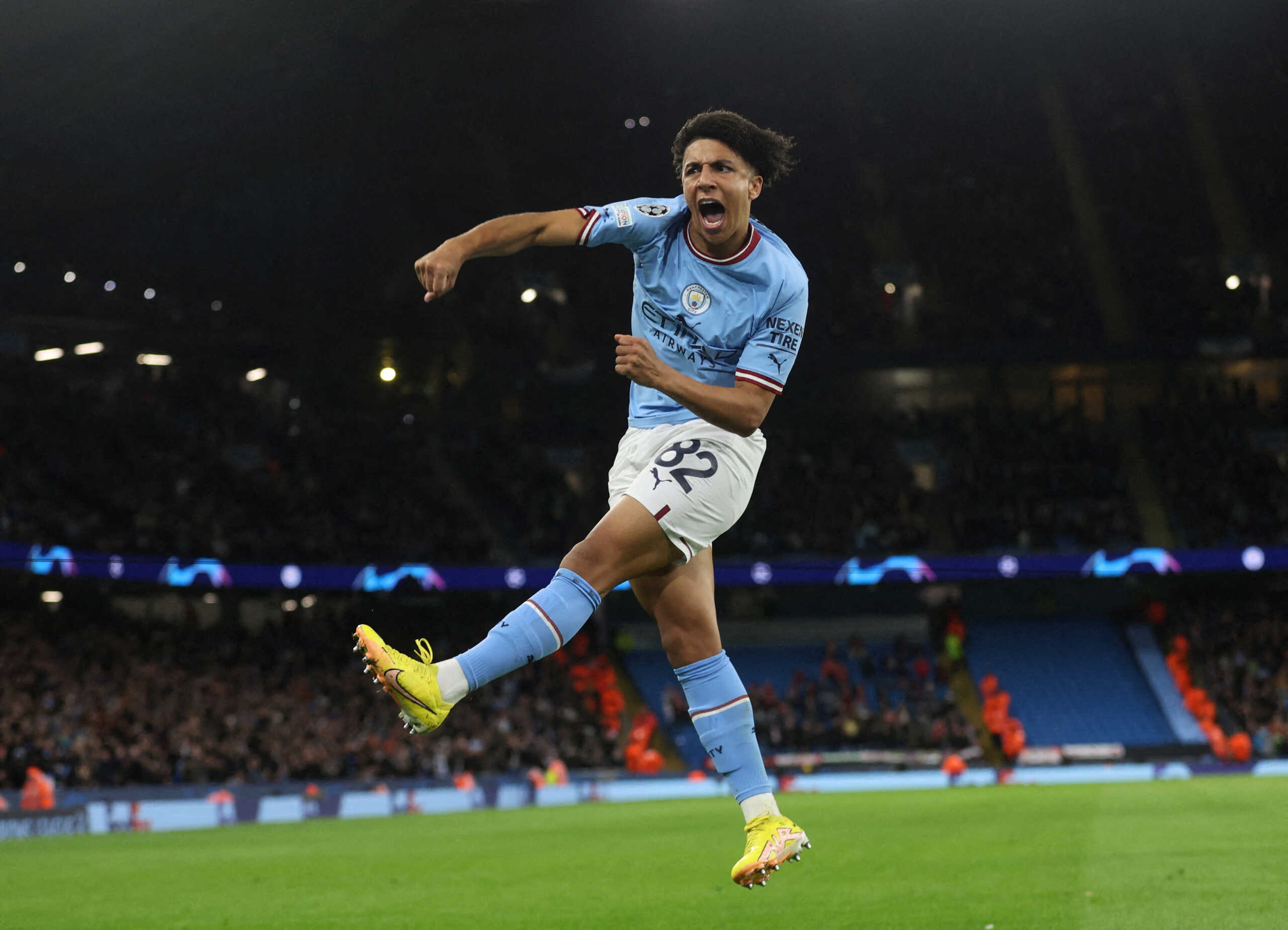 Soccer Football - Champions League - Group G - Manchester City v Sevilla - Etihad Stadium, Manchester, Britain - November 2, 2022 Manchester City's Rico Lewis celebrates scoring their first goal REUTERS