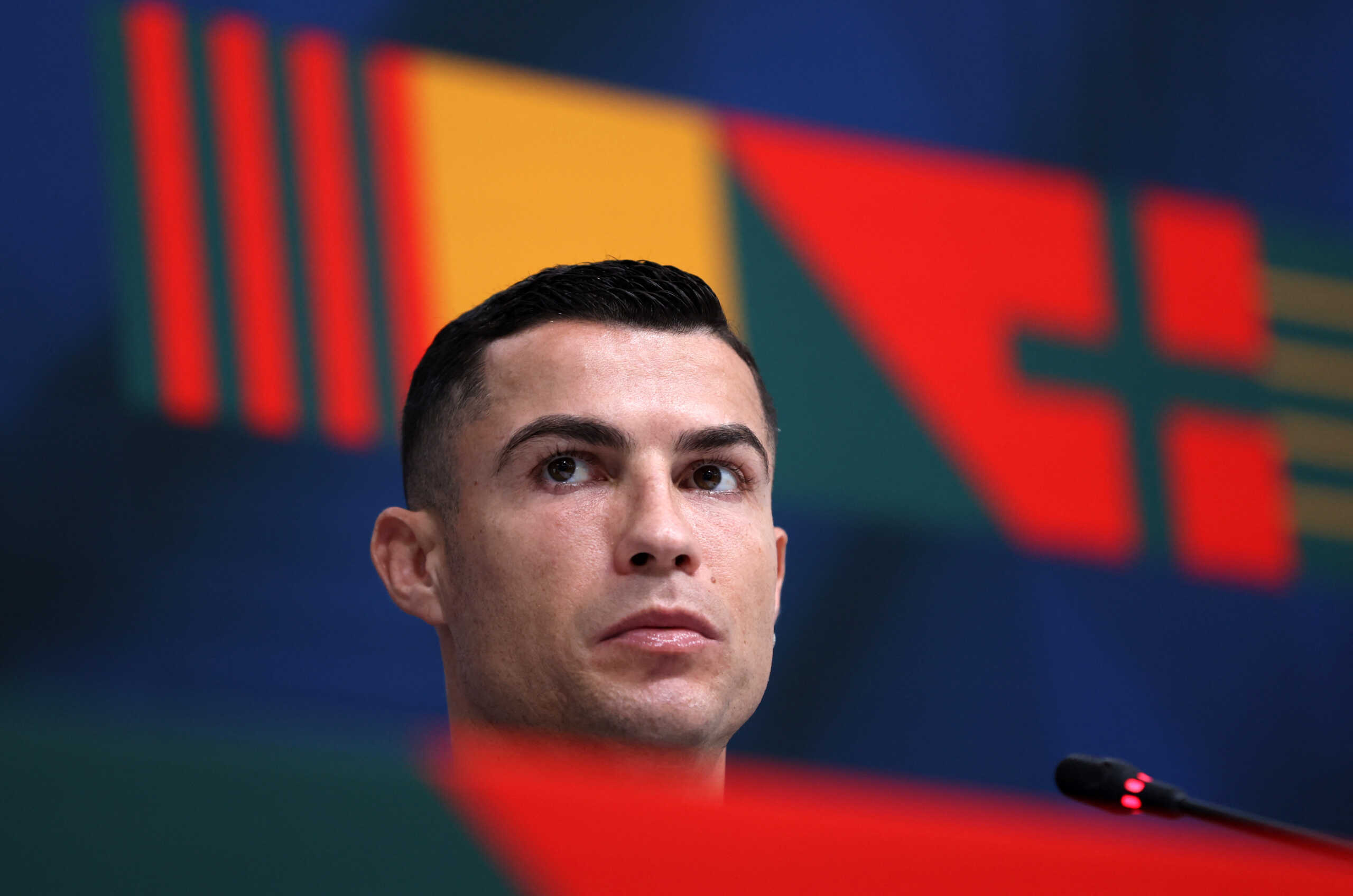 Soccer Football - FIFA World Cup Qatar 2022 - Portugal Press Conference - Al Shahaniya SC Training Facilities, Al-Shahaniya, Qatar - November 21, 2022 Portugal's Cristiano Ronaldo during the press conference REUTERS