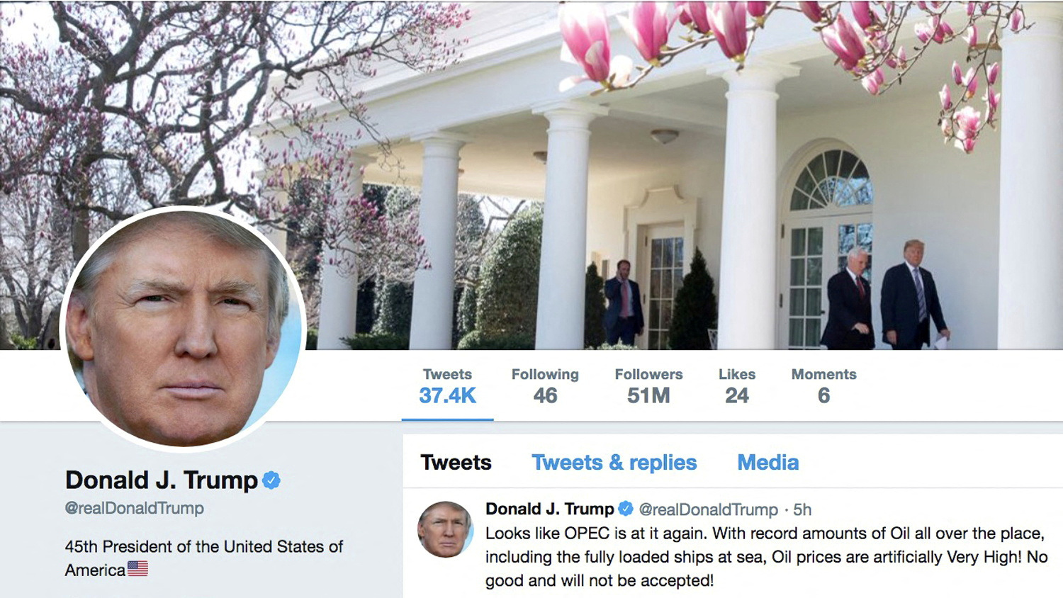 FILE PHOTO: The masthead of Donald Trump's @realDonaldTrump Twitter account with a message about OPEC policy is seen on April 20, 2018.  @realDonaldTrump