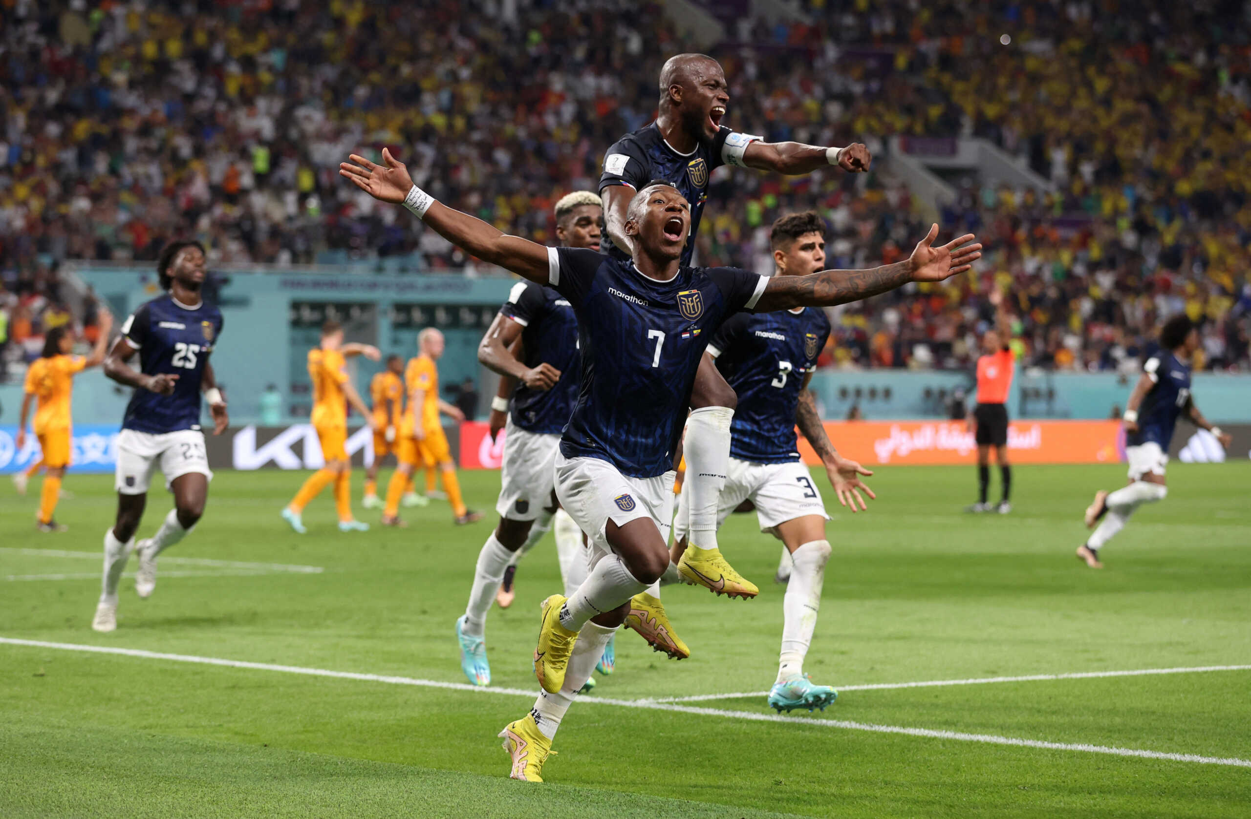 Soccer Football - FIFA World Cup Qatar 2022 - Group A - Netherlands v Ecuador - Khalifa International Stadium, Doha, Qatar - November 25, 2022  Ecuador's Pervis Estupinan celebrates scoring a goal with Enner Valencia that was later disallowed REUTERS