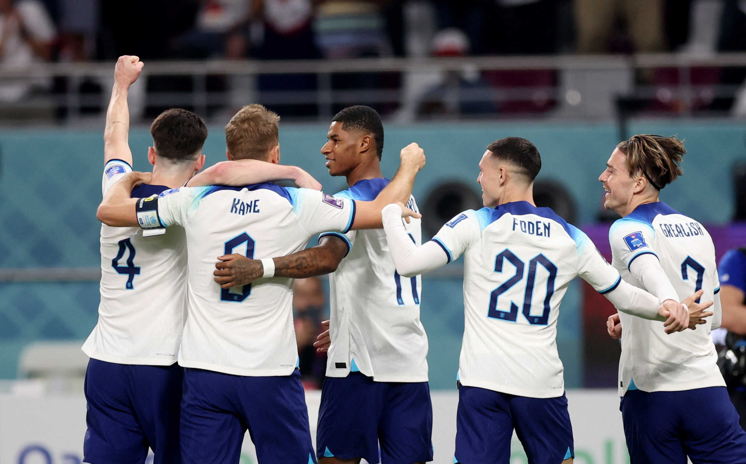Soccer Football - FIFA World Cup Qatar 2022 - Group B - England v Iran - Khalifa International Stadium, Doha, Qatar - November 21, 2022 England's Marcus Rashford celebrates scoring their fifth goal with teammates REUTERS