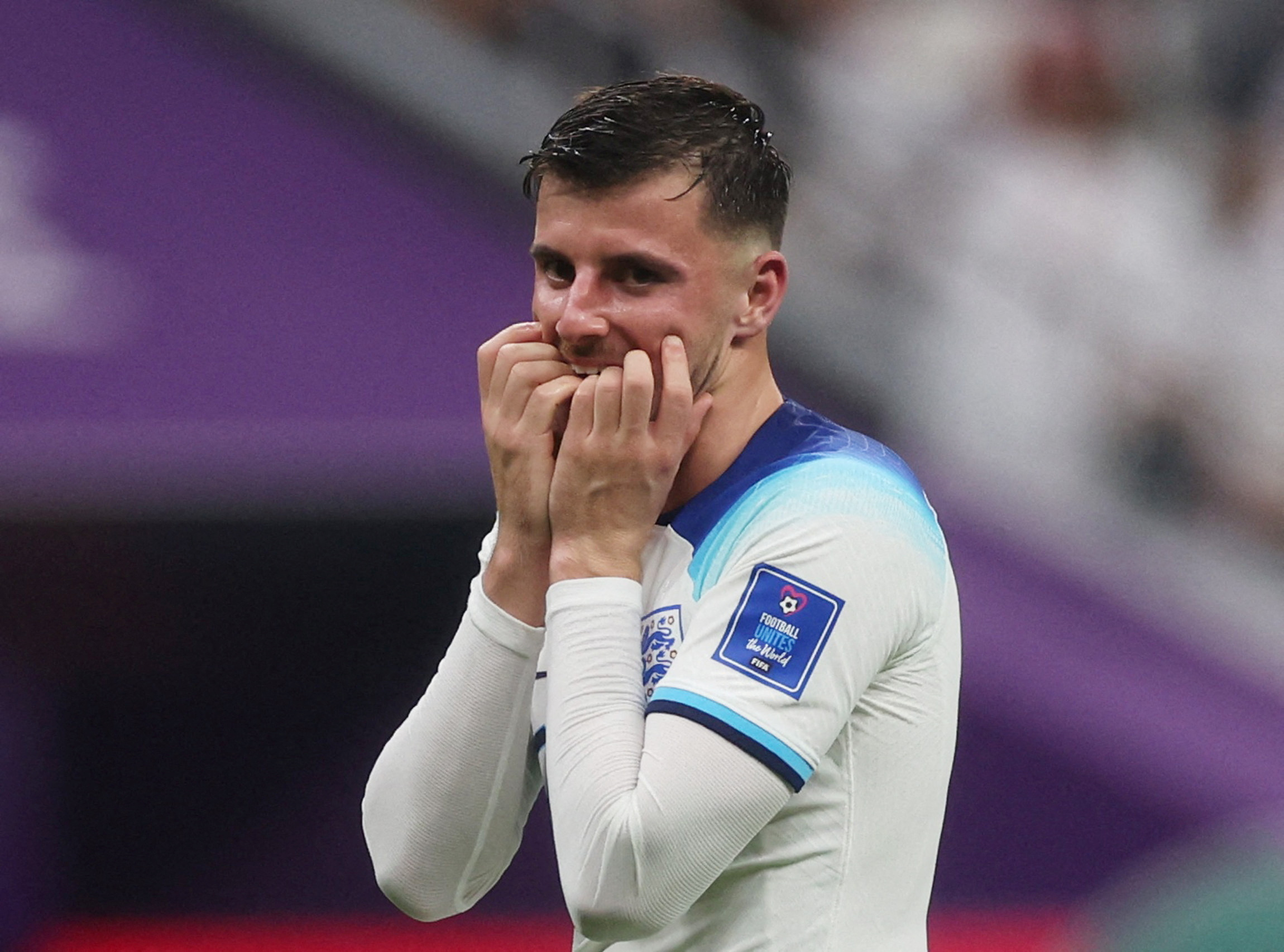 Soccer Football - FIFA World Cup Qatar 2022 - Group B - England v United States - Al Bayt Stadium, Al Khor, Qatar - November 25, 2022 England's Mason Mount reacts REUTERS