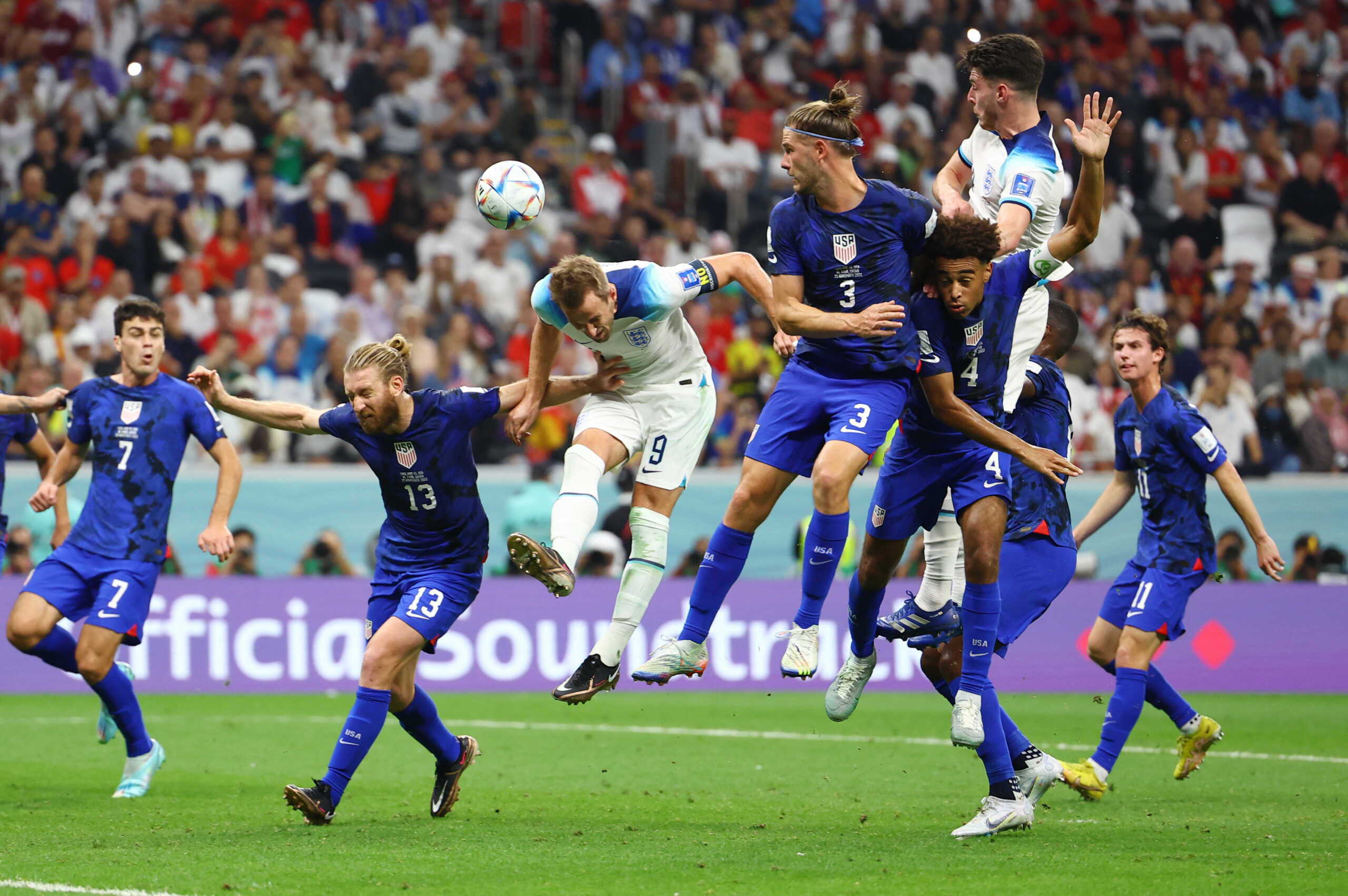 Soccer Football - FIFA World Cup Qatar 2022 - Group B - England v United States - Al Bayt Stadium, Al Khor, Qatar - November 25, 2022   England's Harry Kane heads at goal REUTERS