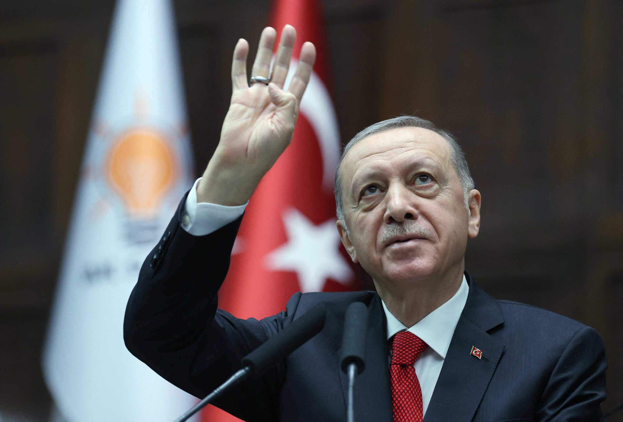 Turkish President Tayyip Erdogan addresses members of parliament from his ruling AK Party (AKP) during a meeting at the Turkish parliament in Ankara, Turkey, November 2, 2022. Murat Cetinmuhurdar