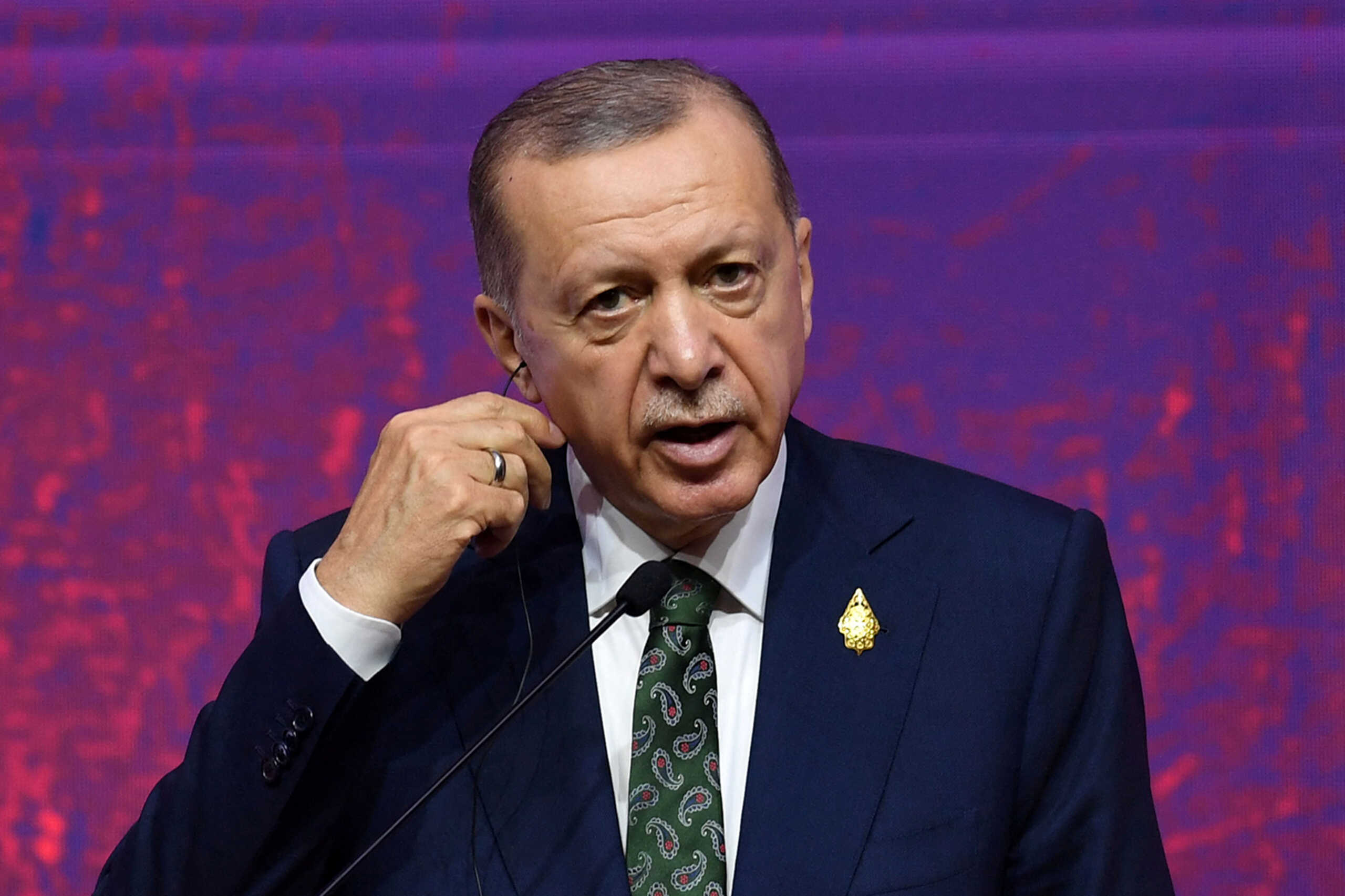 President of Turkey Recep Tayyip Erdogan delivers his messages to the journalists in G20 Summit's news conference in Media Center, BICC, Nusa Dua, Badung Regency, Bali, Indonesia, November 16, 2022.  ADITYA PRADANA PUTRA