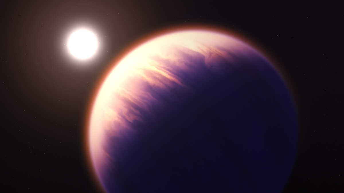 This illustration shows what exoplanet WASP-39 b could look like, based on current understanding of the planet. WASP-39 b is a hot, puffy gas giant with a mass 0.28 times Jupiter (0.94 times Saturn) and a diameter 1.3 times greater than Jupiter, orbiting just 0.0486 astronomical units (7,200,000 kilometres) from its star. The star, WASP-39, is fractionally smaller and less massive than the Sun. Because it is so close to its star, WASP-39 b is very hot and is likely to be tidally locked, with one side facing the star at all times. NASA’s James Webb Space Telescope’s exquisitely sensitive instruments have provided a profile of WASP-39 b’s atmospheric constituents and identified a plethora of contents, including water, sulphur dioxide, carbon monoxide, sodium and potassium. This illustration is based on indirect transit observations from Webb as well as other space and ground-based telescopes. Webb has not captured a direct image of this planet. [Image Description: This image shows an artist's impression of the planet WASP-39 b and its star. The planet has a fuzzy orange-blue atmosphere with hints of longitudinal cloud bands below. The left quarter of the planet (the side facing the star) is lit, while the rest is in shadow. The star is bright yellowish-white, with no clear features.]  