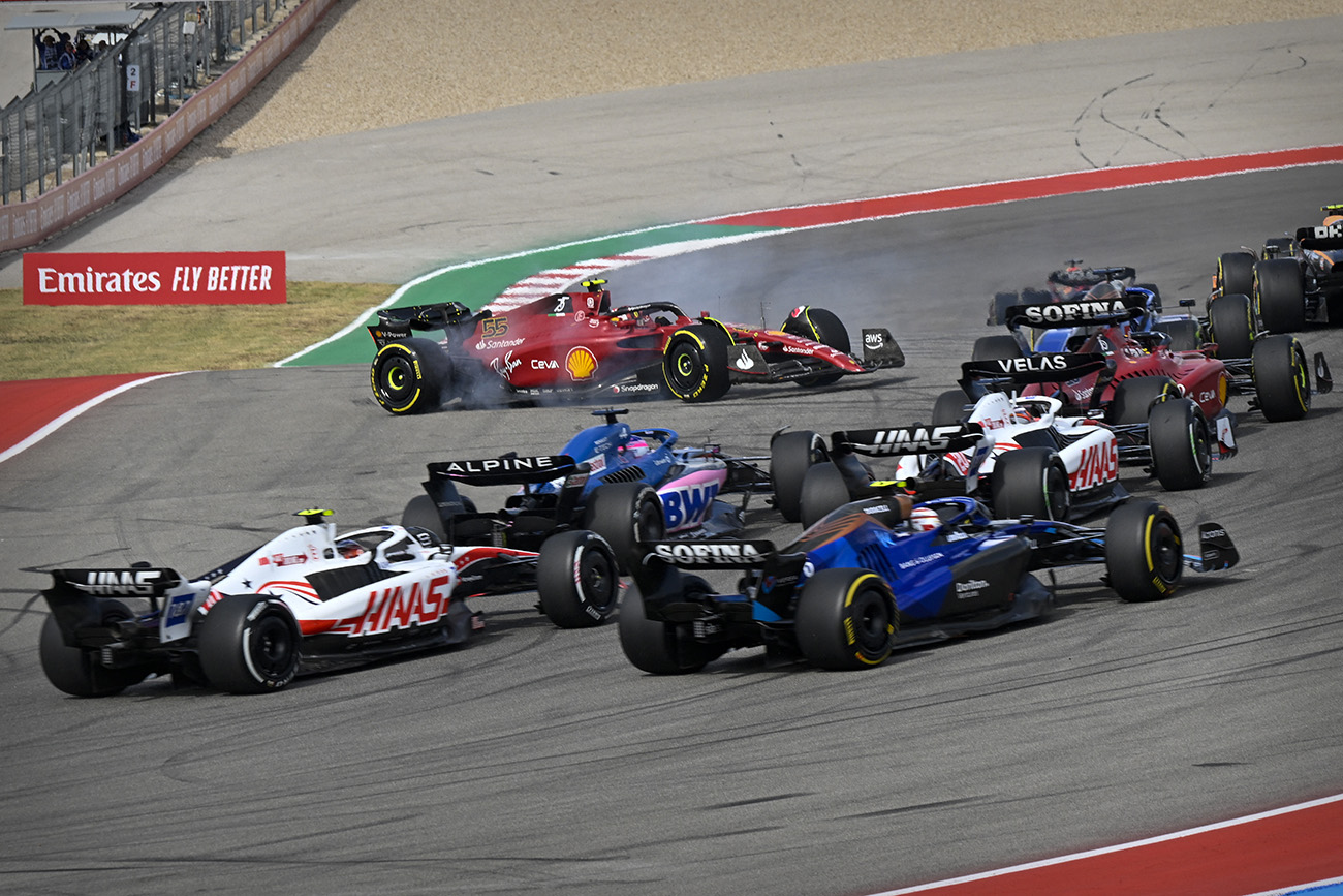 Oct 23, 2022; Austin, Texas, USA; Scuderia Ferrari driver Carlos Sainz (55) of Team Spain spins out on turn one during the running of the U.S. Grand Prix F1 race at Circuit of the Americas. Mandatory Credit: Jerome Miron-USA TODAY Sports