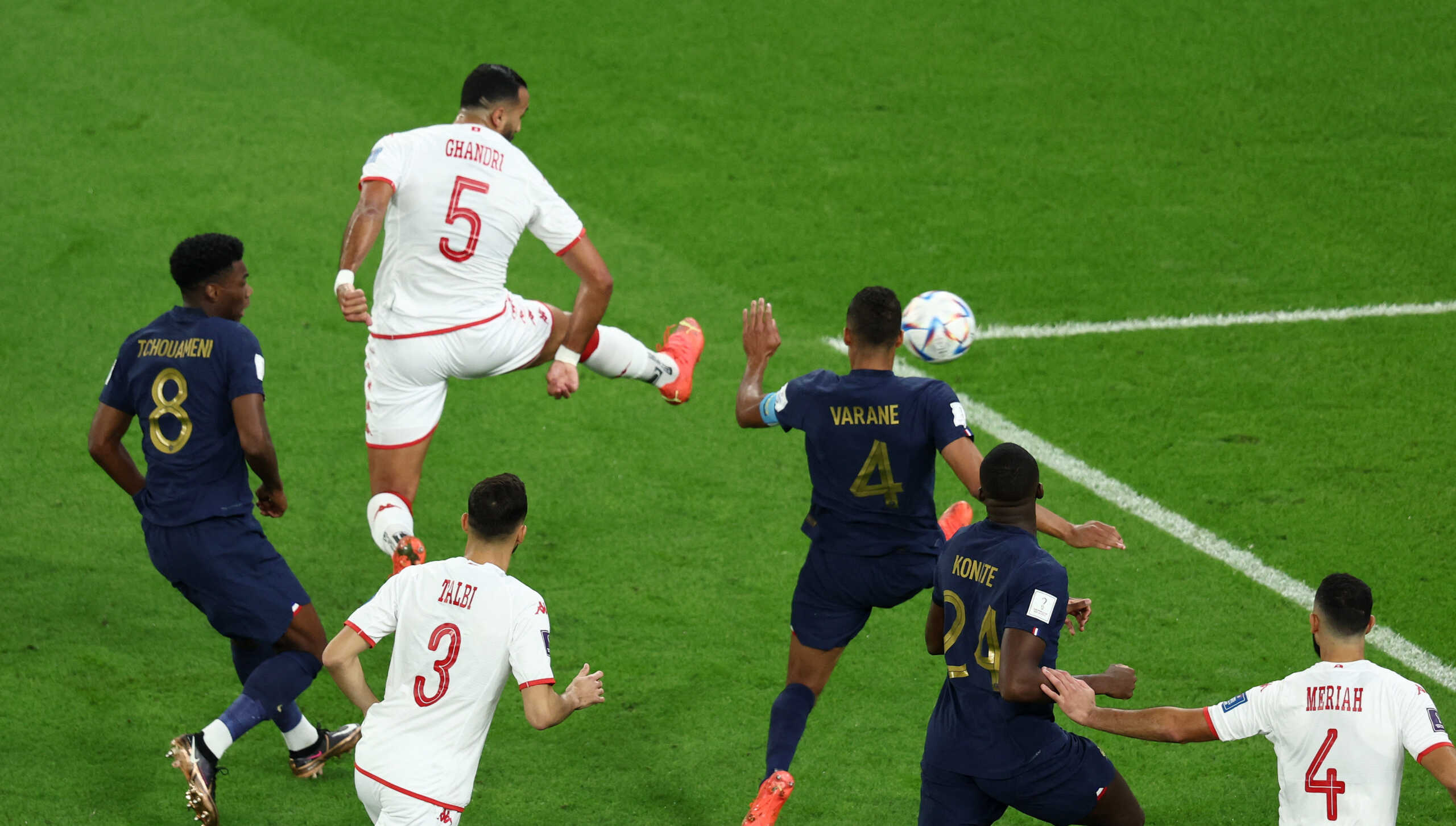 Soccer Football - FIFA World Cup Qatar 2022 - Group D - Tunisia v France - Education City Stadium, Al Rayyan, Qatar - November 30, 2022 Tunisia's Nader Ghandri scores a goal before it was disallowed following a VAR review REUTERS