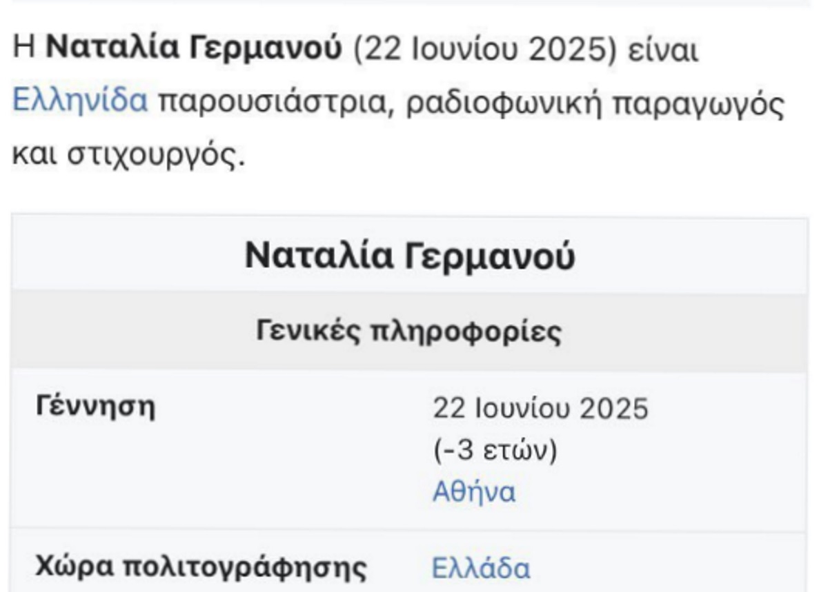 Η Ναταλία Γερμανού δεν έχει γεννηθεί ακόμα – Η wikipedia την έκανε -3 ετών