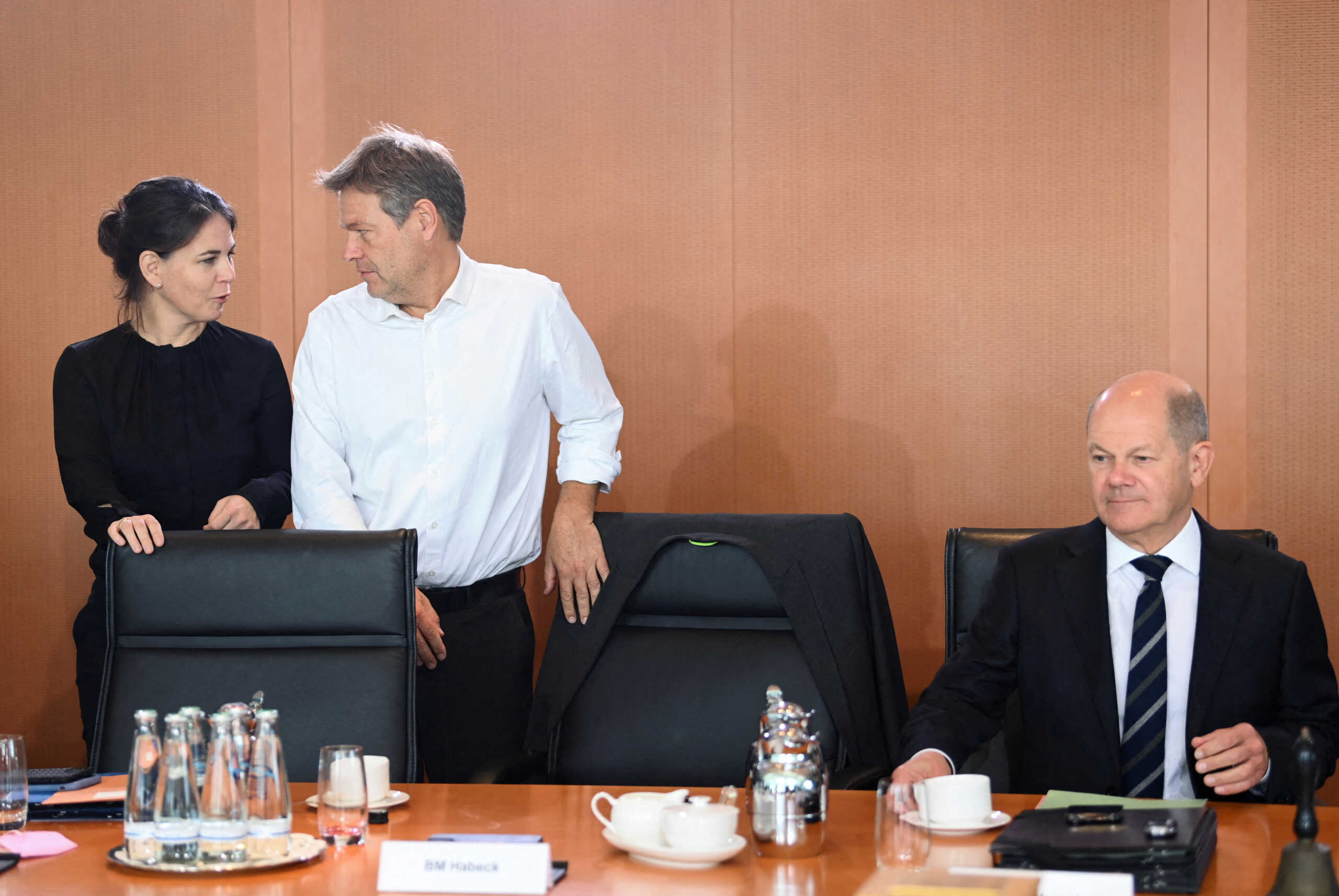 FILE PHOTO: German Economy and Climate Minister Robert Habeck, German Foreign Minister Annalena Baerbock and German Chancellor Olaf Scholz attend the weekly German cabinet meeting at the Chancellery in Berlin, Germany October 12, 2022.  REUTERS