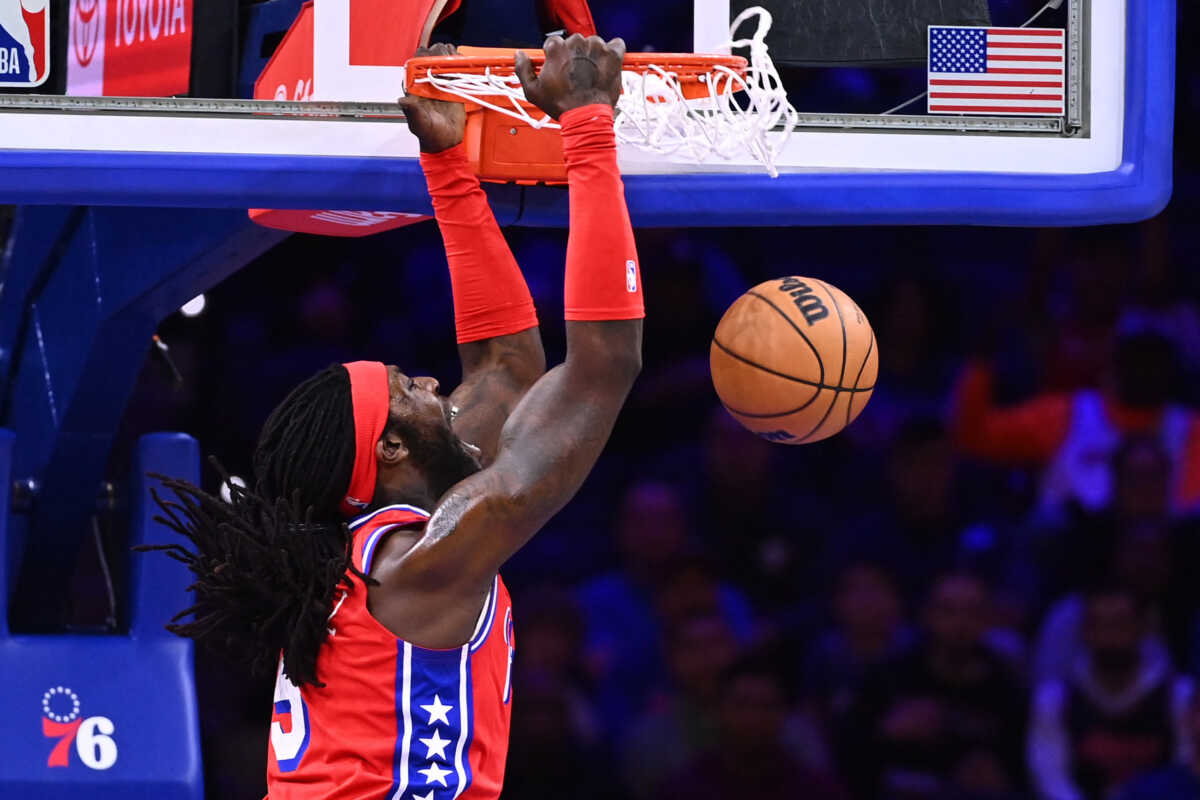 Nov 4, 2022; Philadelphia, Pennsylvania, USA; Philadelphia 76ers center Montrezl Harrell (5) dunks against the New York Knicks in the first quarter at Wells Fargo Center. Mandatory Credit: Kyle Ross-USA TODAY Sports