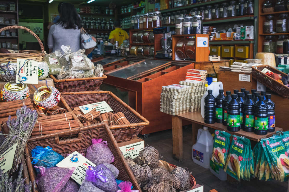 Athens, Greece - September 22, 2017: Delicious spices, herbs, cereals and traditional Greek specialities can be bought at the shop on Evripidou Street. Commercial centre of Athens.