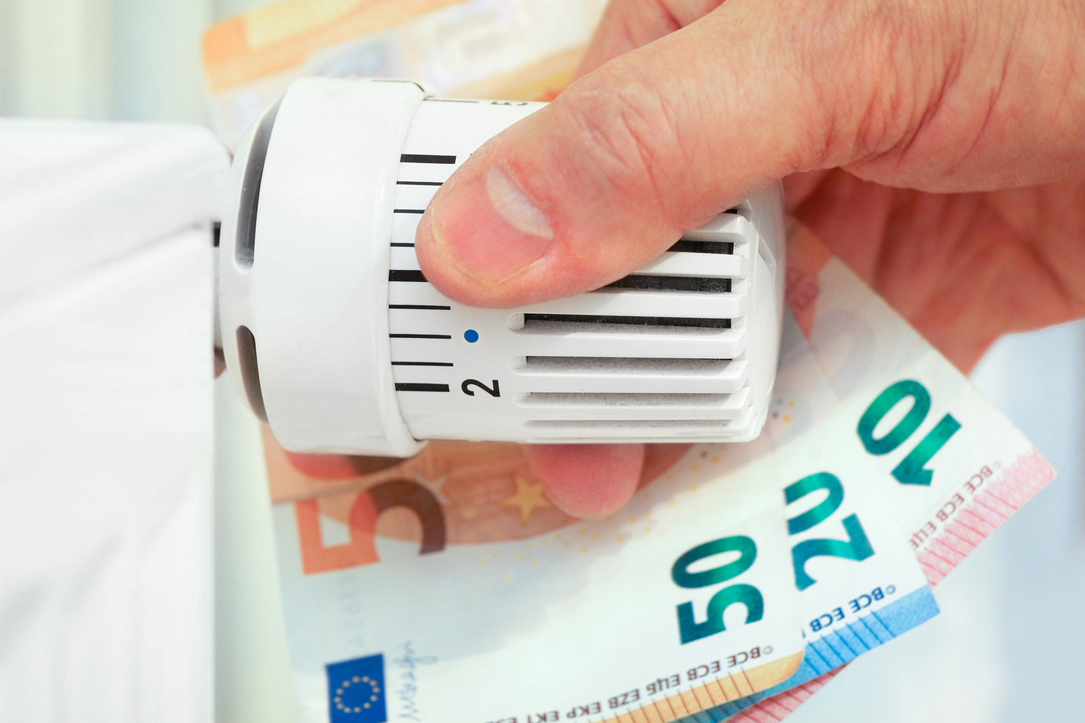 Hand on the heating thermostat with money bills, heating costs concept