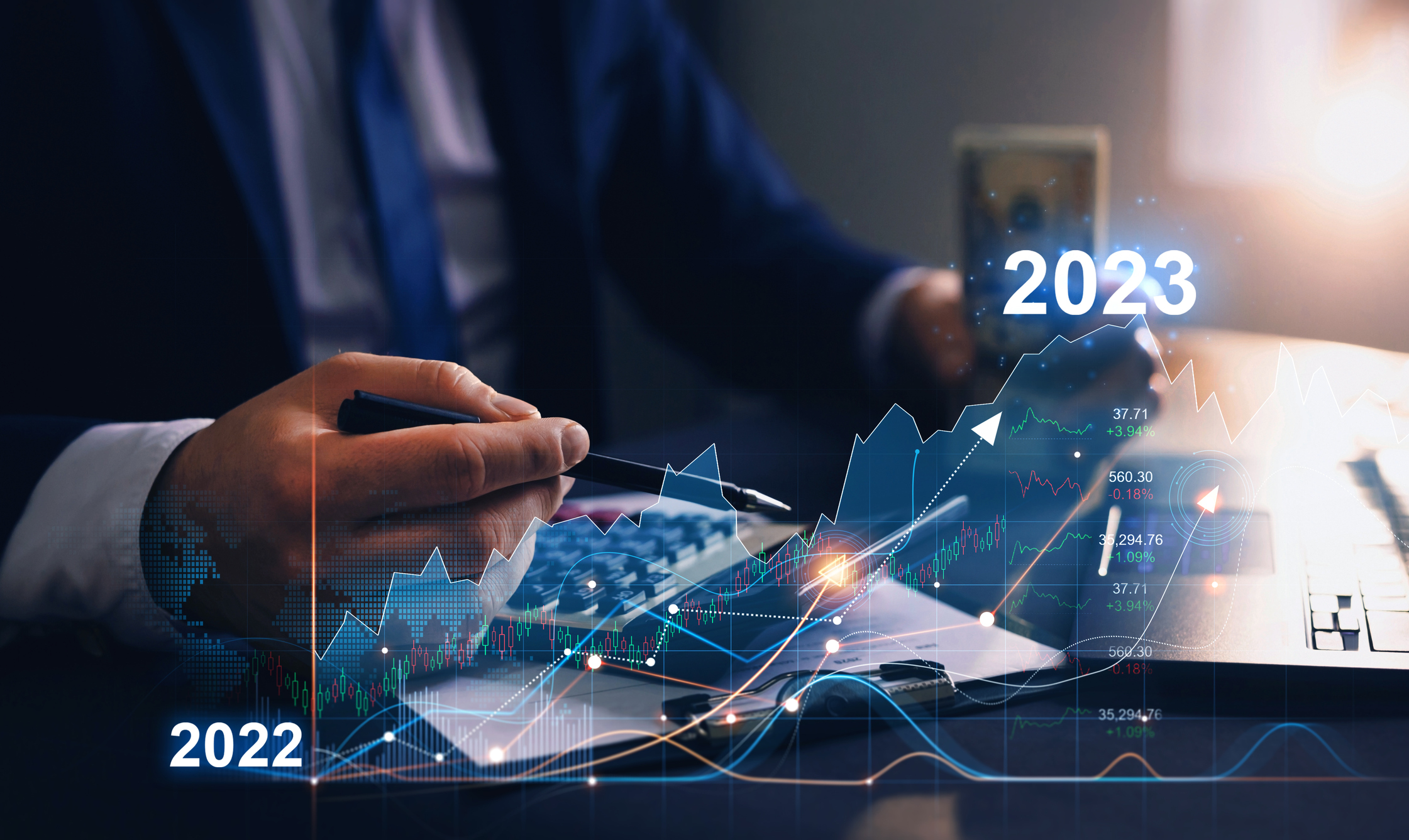 Business  increase arrow graph corporate future growth year 2022 to 2023. Planning,opportunity, challenge and business strategy