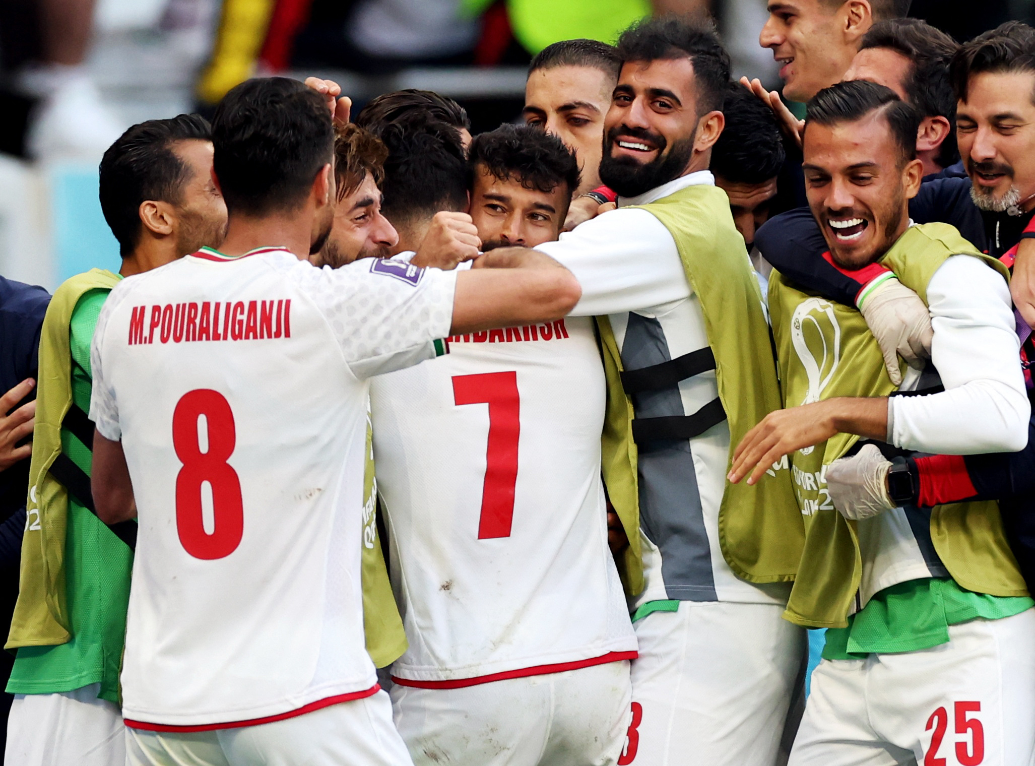 Soccer Football - FIFA World Cup Qatar 2022 - Group B - Wales v Iran - Ahmad Bin Ali Stadium, Al Rayyan, Qatar - November 25, 2022 Iran players celebrate a goal REUTERS