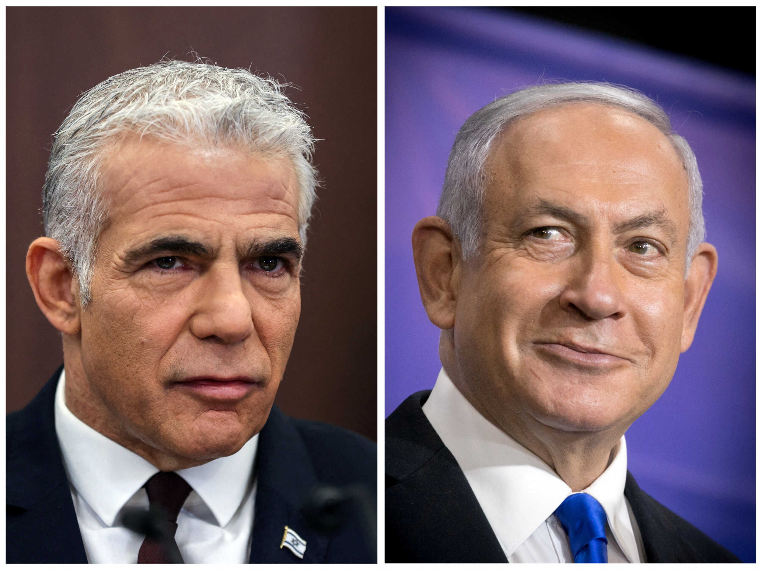 A combination picture shows Israeli Prime Minister Yair Lapid (left) at a cabinet in Jerusalem, October 23, 2022, and former Israeli Prime Minister Benjamin Netanyahu (right) at a news conference in Tel Aviv, Israel, March 8, 2021. Abir Sultan