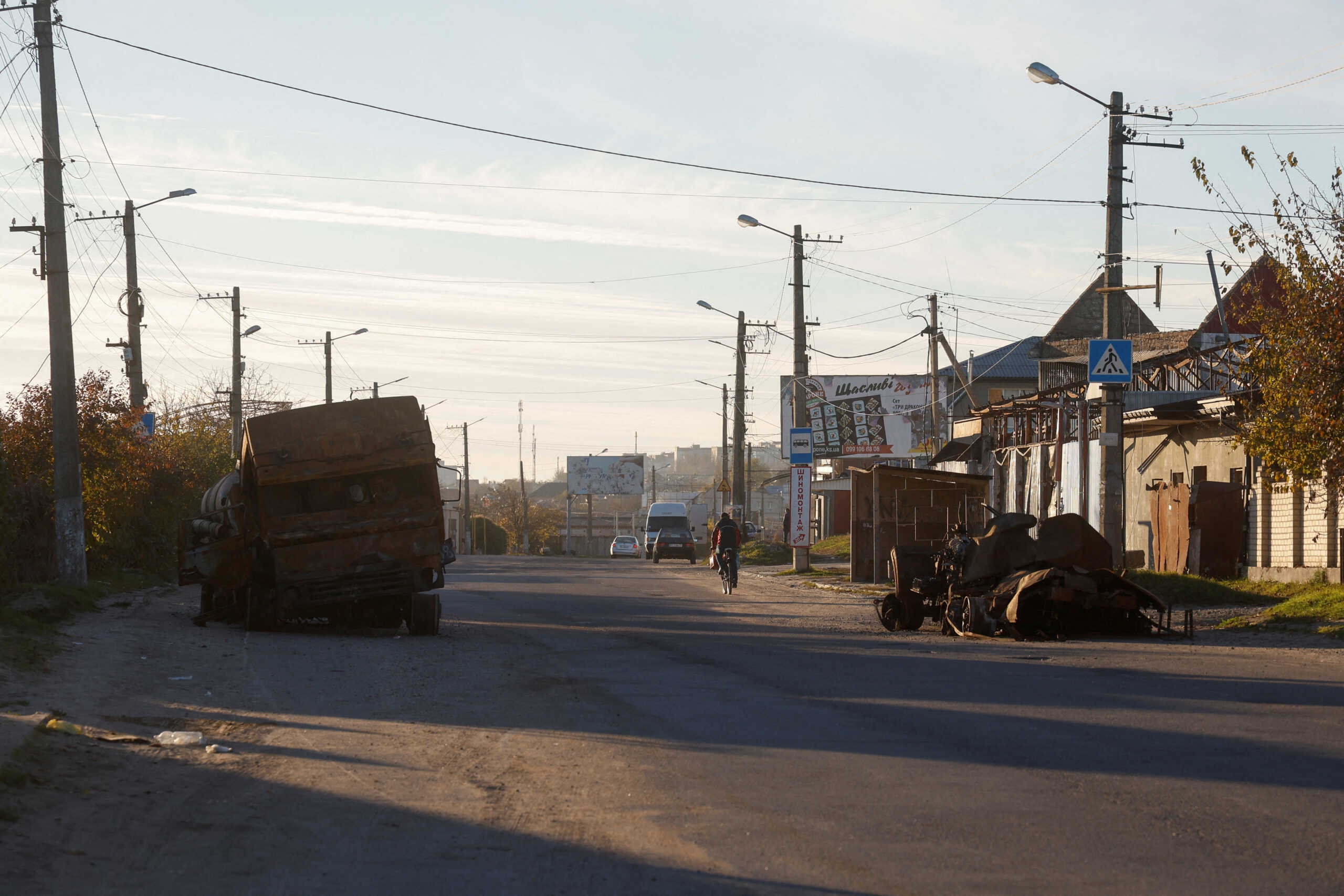 A view shows destroyed military vehicles after Russia's retreat from Kherson, in Kherson, Ukraine November 14, 2022.  REUTERS