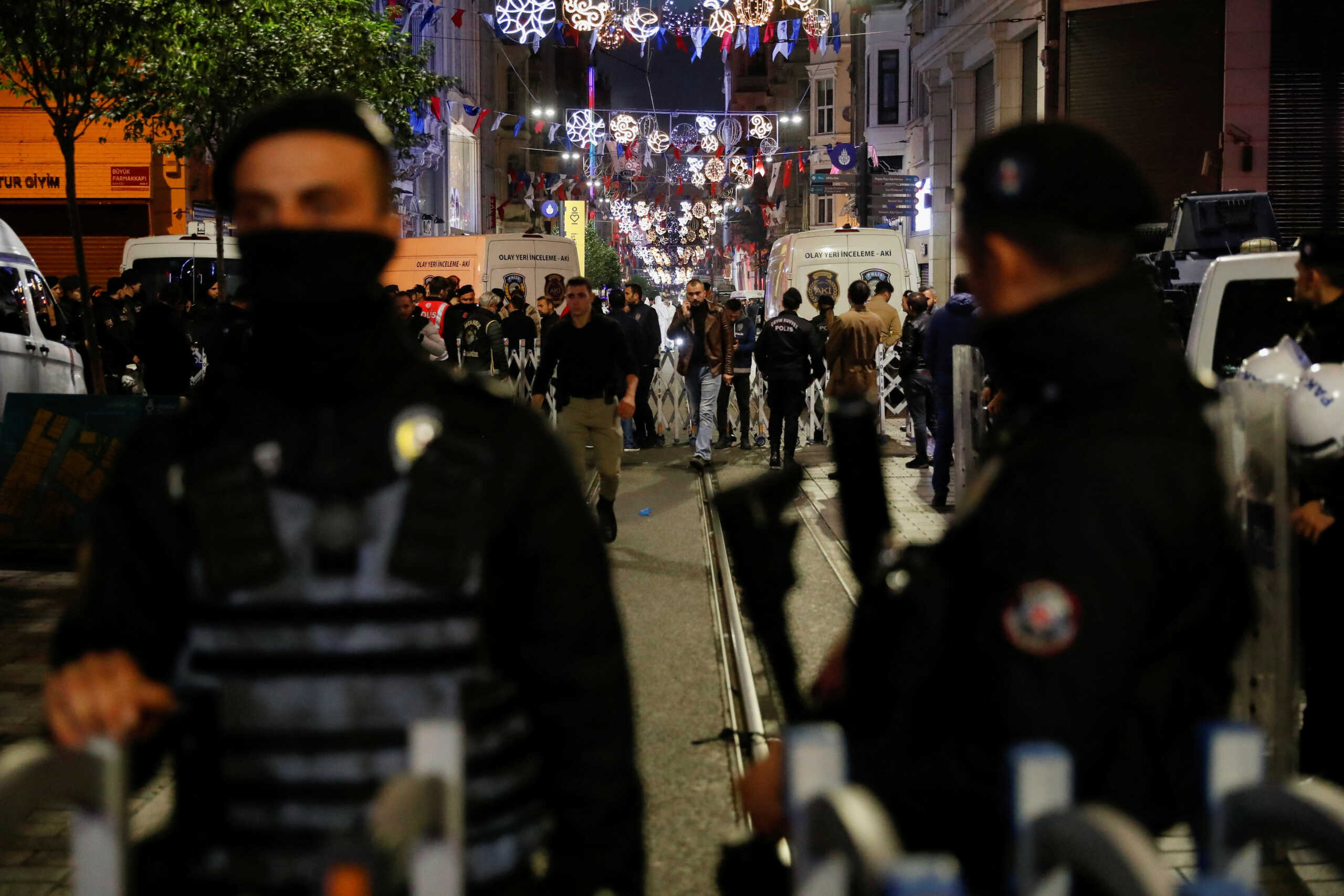 Police officers block the street after an explosion on busy pedestrian Istiklal street in Istanbul, Turkey, November 13, 2022. REUTERS