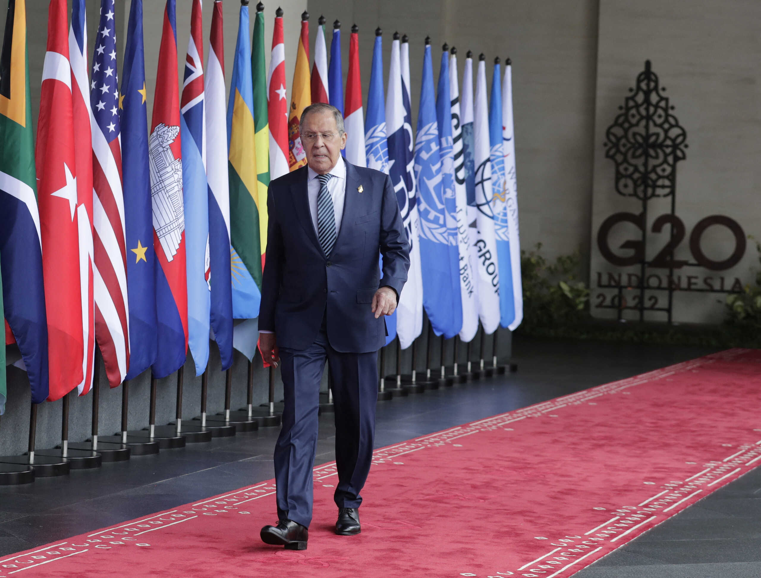 Russia's Foreign Minister Sergei Lavrov arrive for the G20 Leaders' Summit in Bali, Indonesia, 15 November 2022. The 17th Group of Twenty (G20) Heads of State and Government Summit runs from 15 to 16 November 2022. Mast Irham