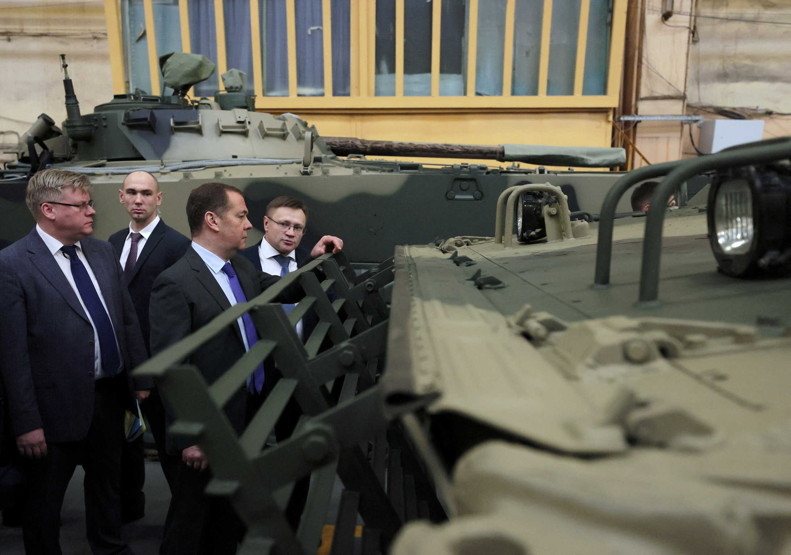Dmitry Medvedev, Deputy Chairman of Russia's Security Council, visits Kurganmashzavod military vehicle manufacturing plant in Kurgan, Russia, November 11, 2022. Sputnik