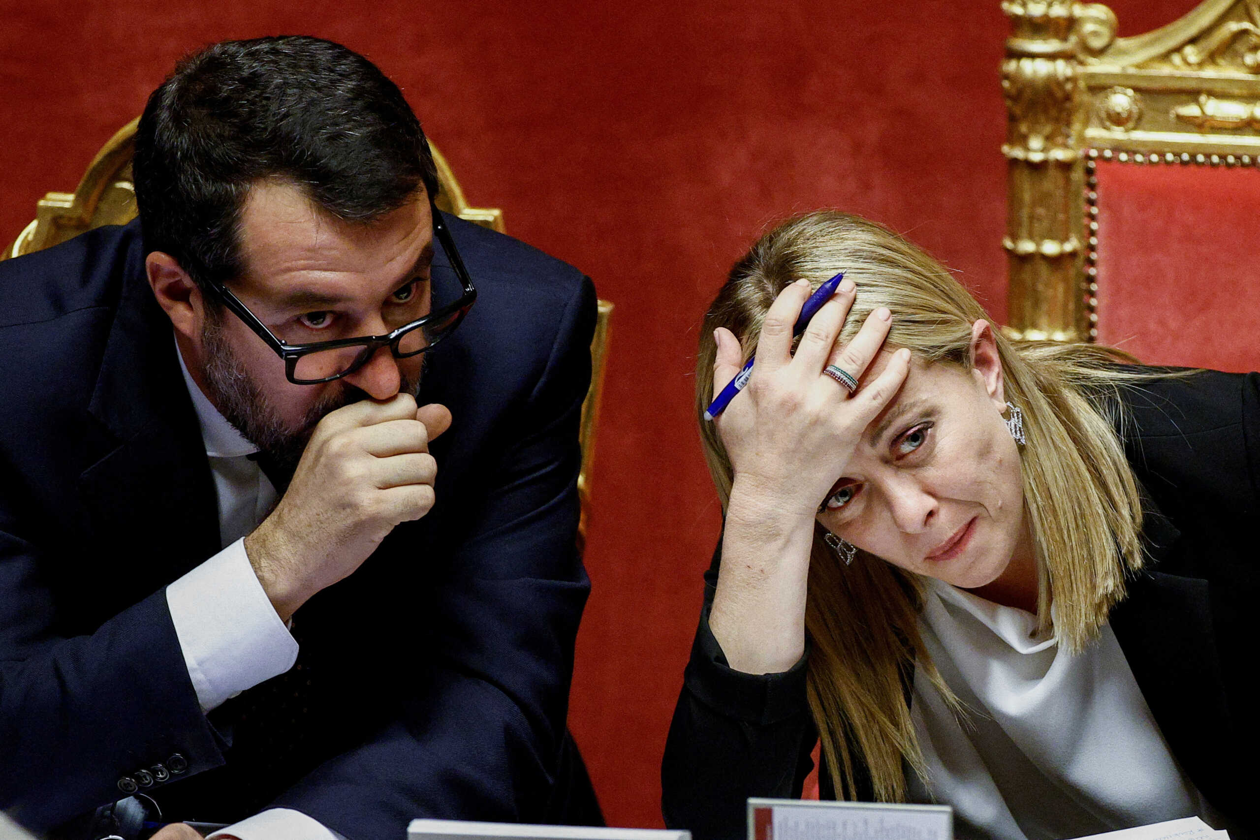FILE PHOTO: Italy's Prime Minister Giorgia Meloni and Infrastructure Minister Matteo Salvini attend a session of the upper house of parliament ahead of a confidence vote for the new government, in Rome, Italy, October 26, 2022. REUTERS