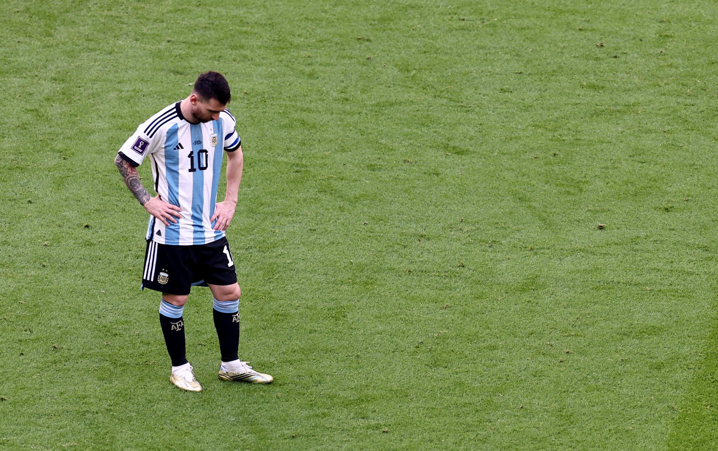 Soccer Football - FIFA World Cup Qatar 2022 - Group C - Argentina v Saudi Arabia - Lusail Stadium, Lusail, Qatar - November 22, 2022  Argentina's Lionel Messi reacts after Saudi Arabia's Saleh Al-Shehri scores their first goal REUTERS