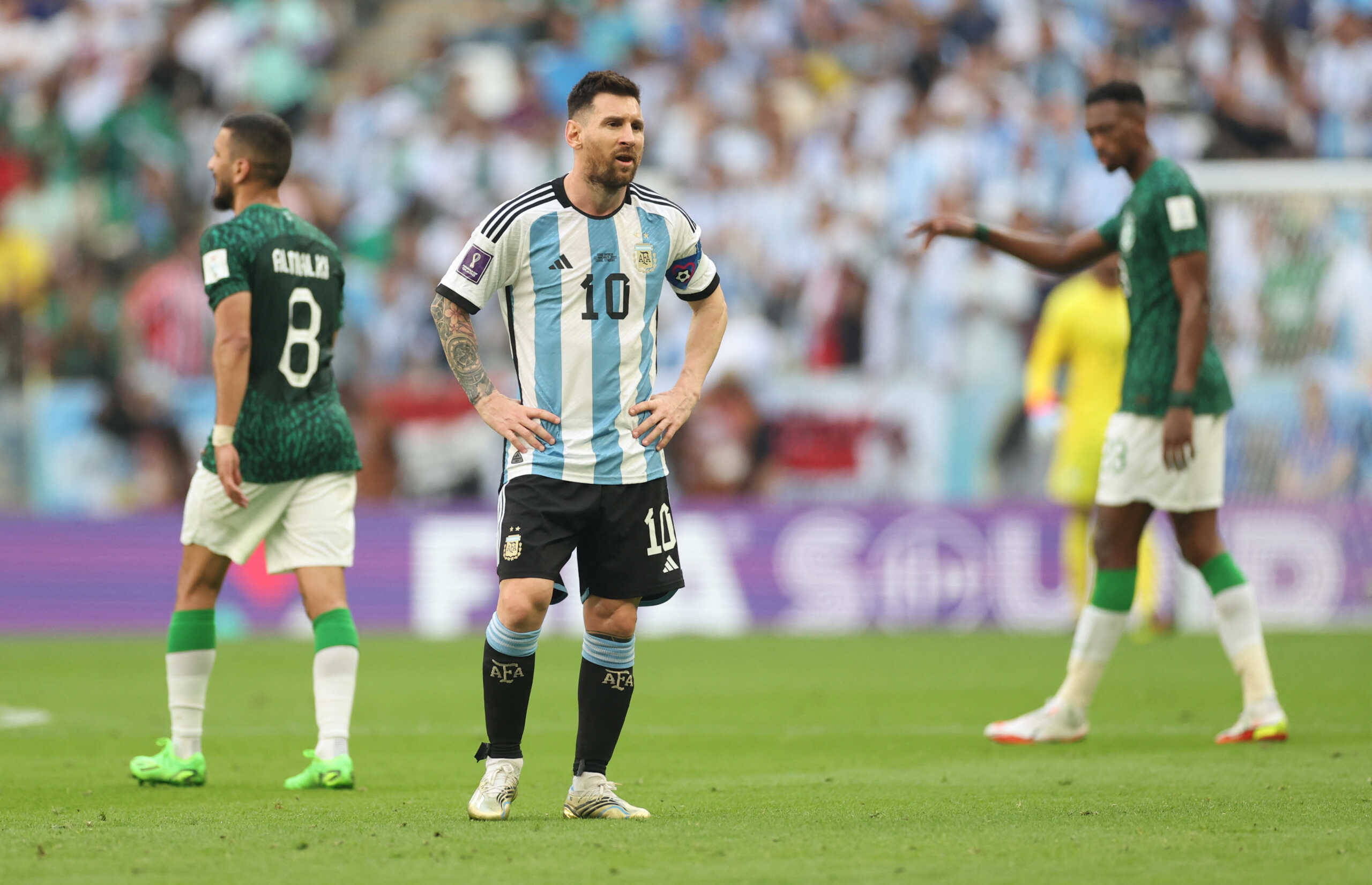 Soccer Football - FIFA World Cup Qatar 2022 - Group C - Argentina v Saudi Arabia - Lusail Stadium, Lusail, Qatar - November 22, 2022 Argentina's Lionel Messi looks dejected after Saudi Arabia's Salem Al-Dawsari scored their second goal REUTERS