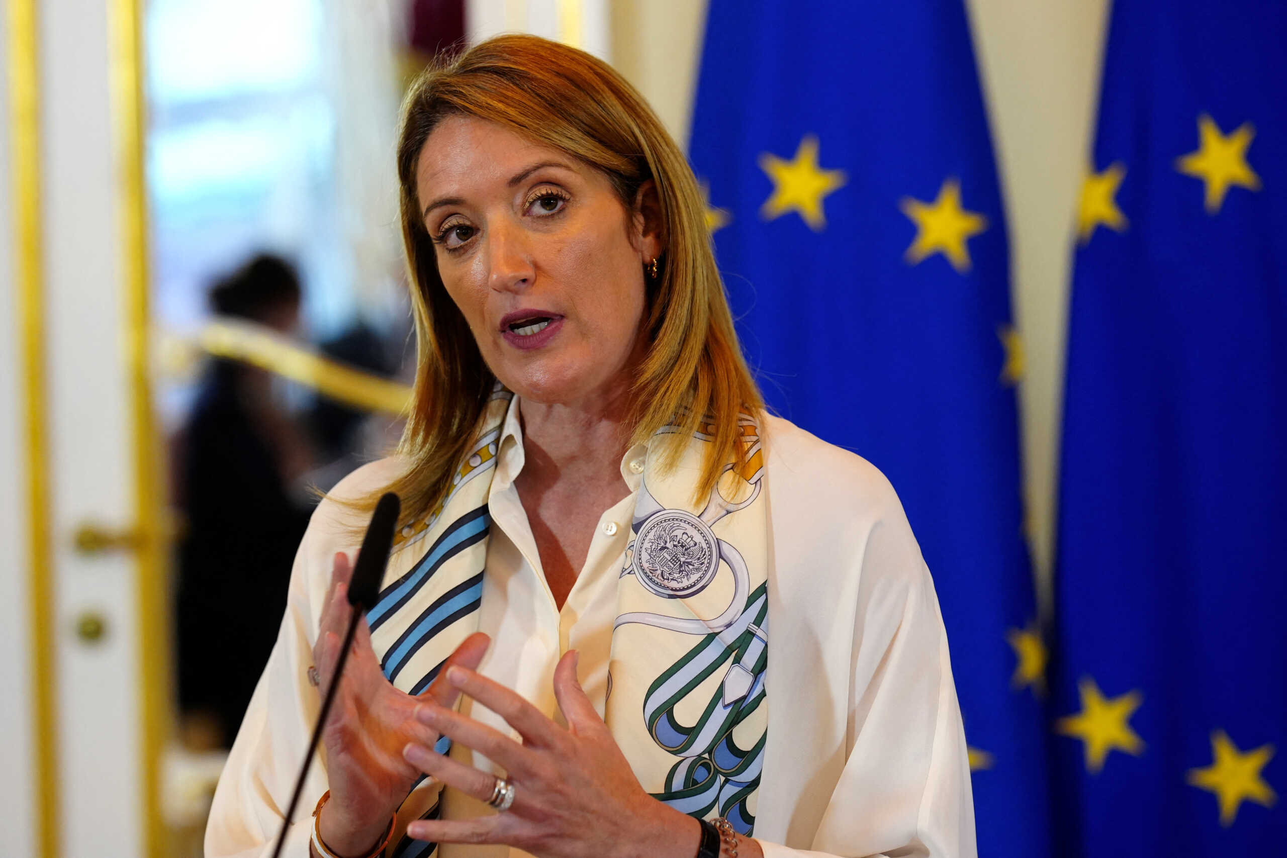 President of the European Parliament Roberta Metsola speaks during a news conference in the Latvian Parliament in Riga, Latvia October 27, 2022. REUTERS