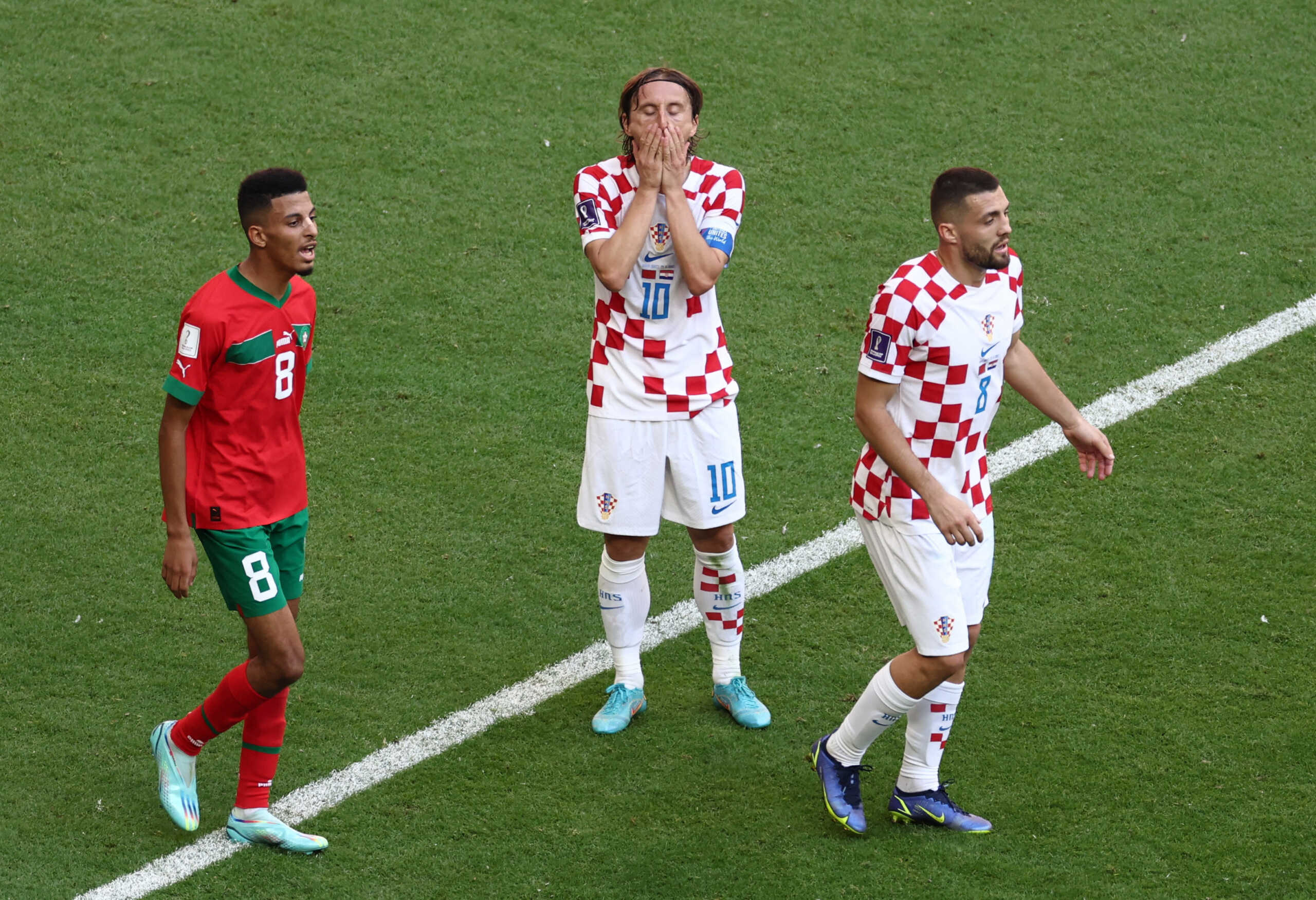 Soccer Football - FIFA World Cup Qatar 2022 - Group F - Morocco v Croatia - Al Bayt Stadium, Al Khor, Qatar - November 23, 2022 Croatia's Luka Modric reacts after he misses a chance to score REUTERS