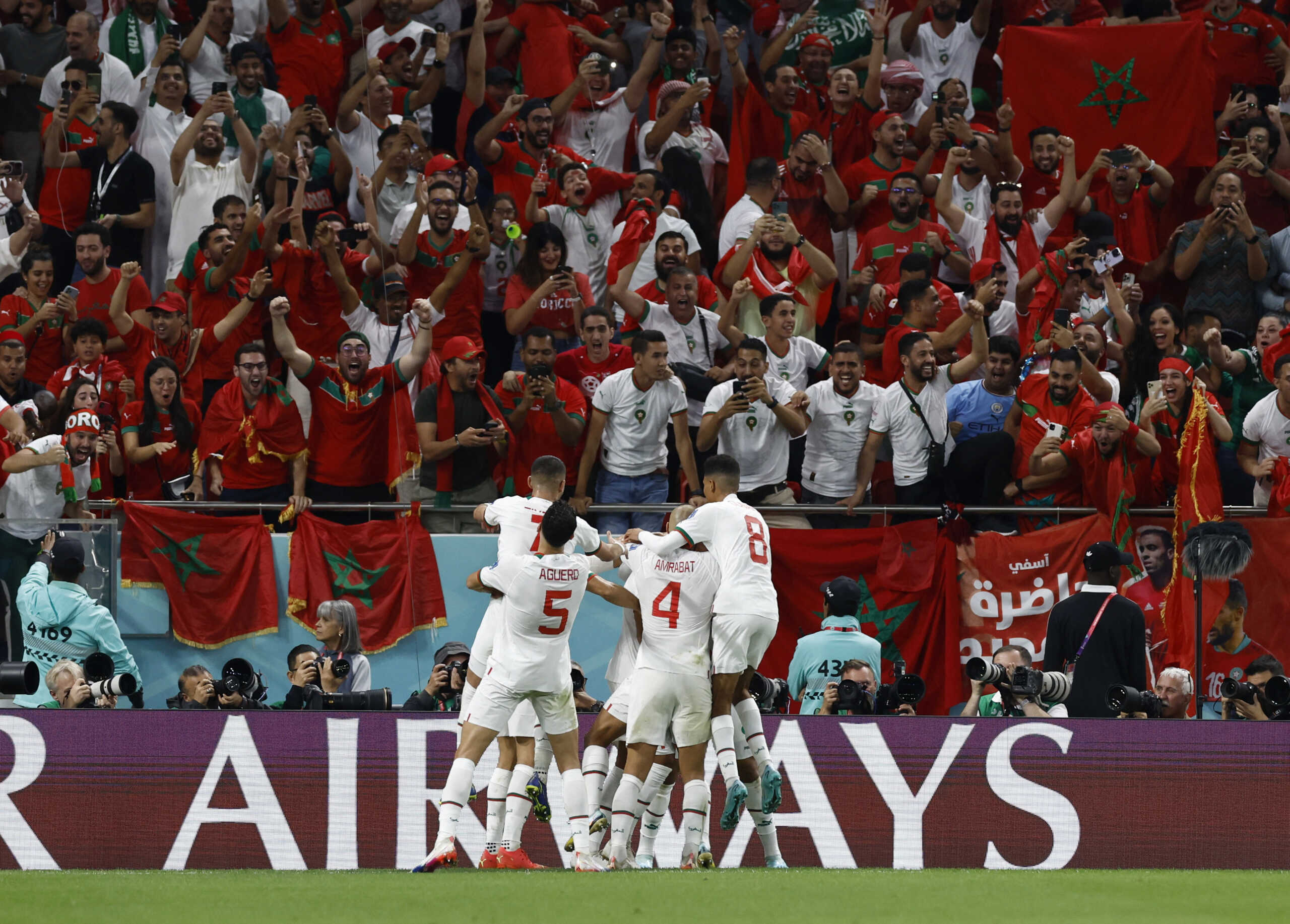 Soccer Football - FIFA World Cup Qatar 2022 - Group F - Belgium v Morocco - Al Thumama Stadium, Doha, Qatar - November 27, 2022 Morocco's Abdelhamid Sabiri celebrates scoring their first goal with teammates REUTERS
