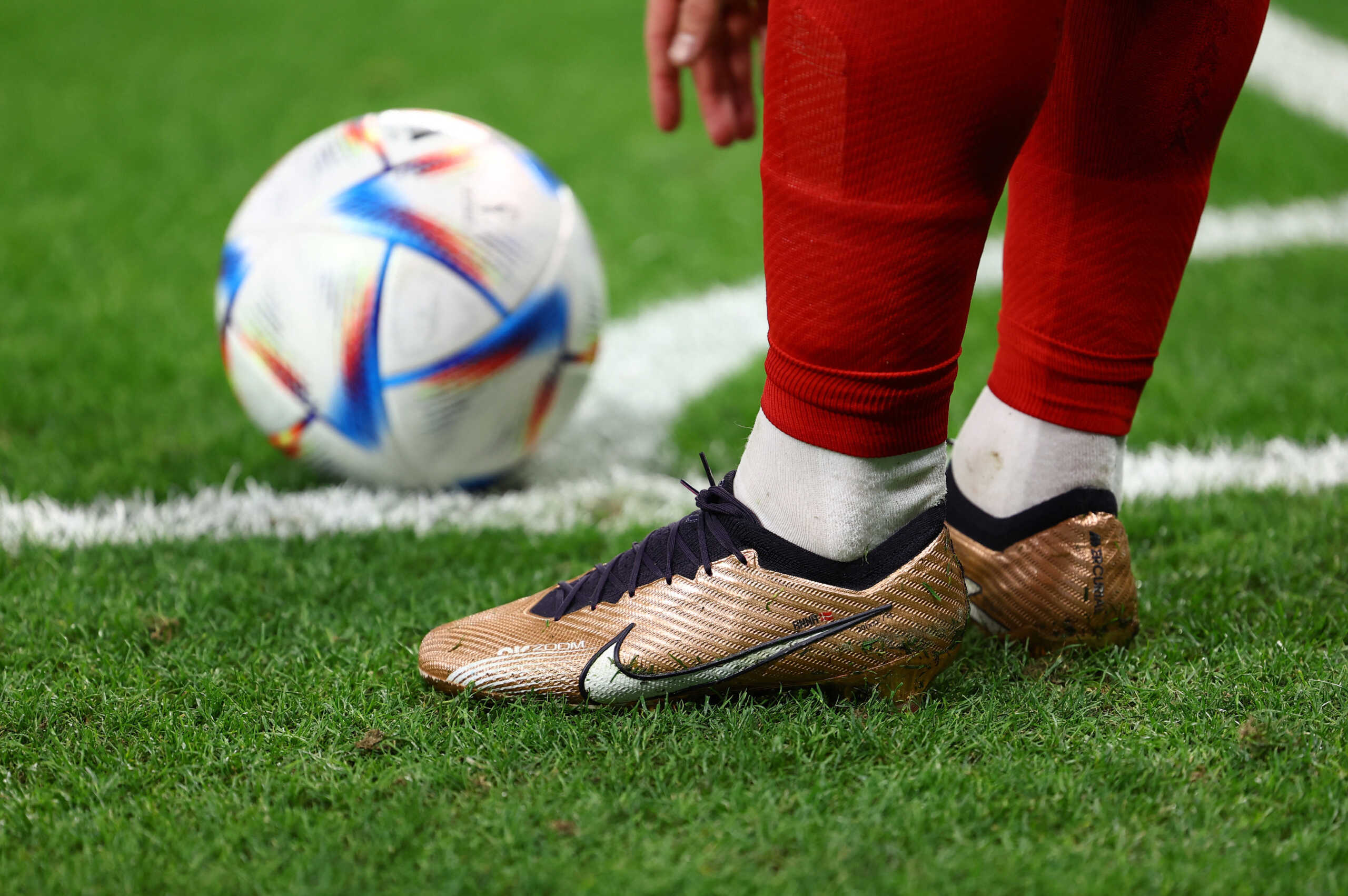 Soccer Football - FIFA World Cup Qatar 2022 - Group D - Denmark v Tunisia - Education City Stadium, Al Rayyan, Qatar - November 22, 2022 General view of Denmark's Christian Eriksen boots REUTERS