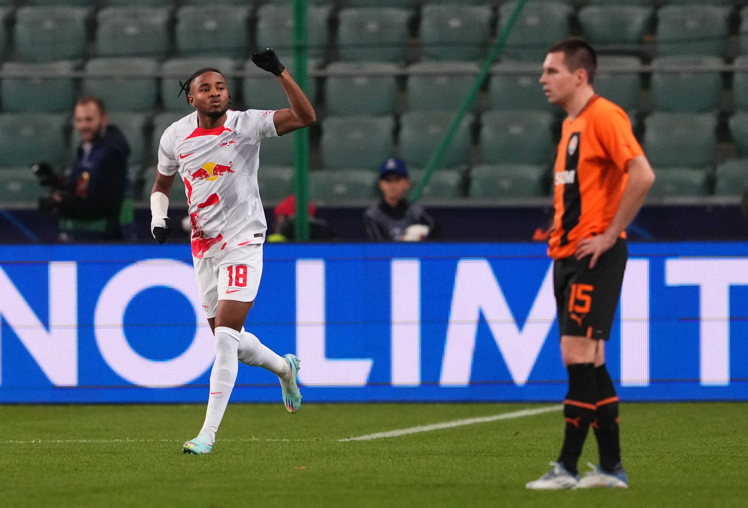 Soccer Football - Champions League - Group F - Shakhtar Donetsk v RB Leipzig - Stadion Wojska Polskiego, Warsaw, Poland - November 2, 2022 RB Leipzig's Christopher Nkunku celebrates scoring their first goal REUTERS