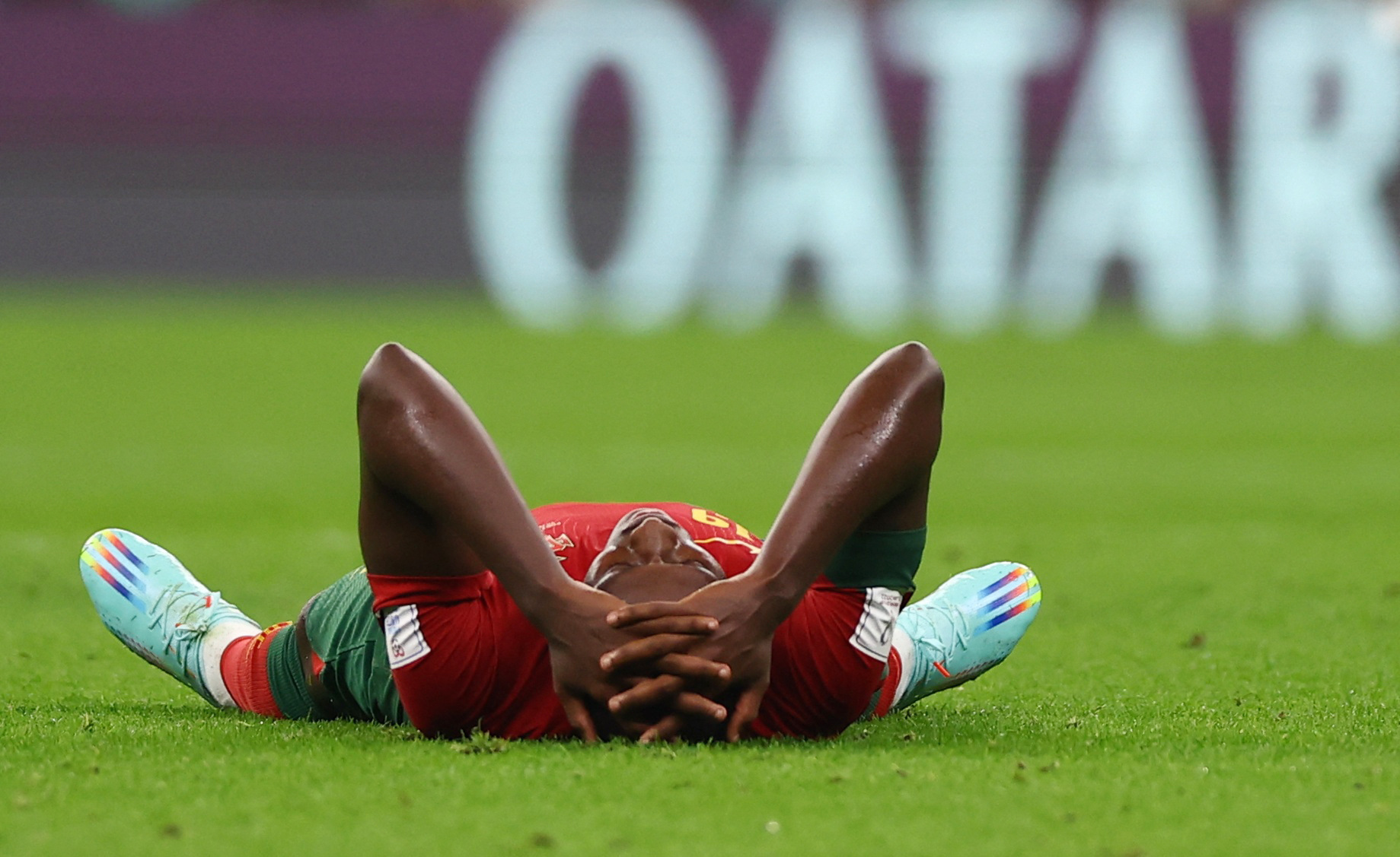 Soccer Football - FIFA World Cup Qatar 2022 - Group H - Portugal v Uruguay - Lusail Stadium, Lusail, Qatar - November 28, 2022  Portugal's Nuno Mendes goes down REUTERS