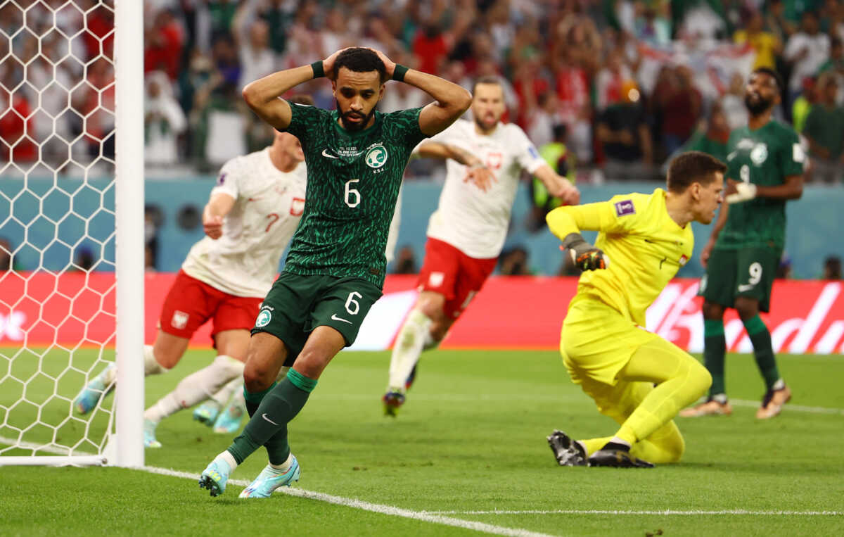 Soccer Football - FIFA World Cup Qatar 2022 - Group C - Poland v Saudi Arabia - Education City Stadium, Al Rayyan, Qatar - November 26, 2022 Saudi Arabia's Mohammed Al Burayk reacts after his shot is saved by Poland's Wojciech Szczesny REUTERS