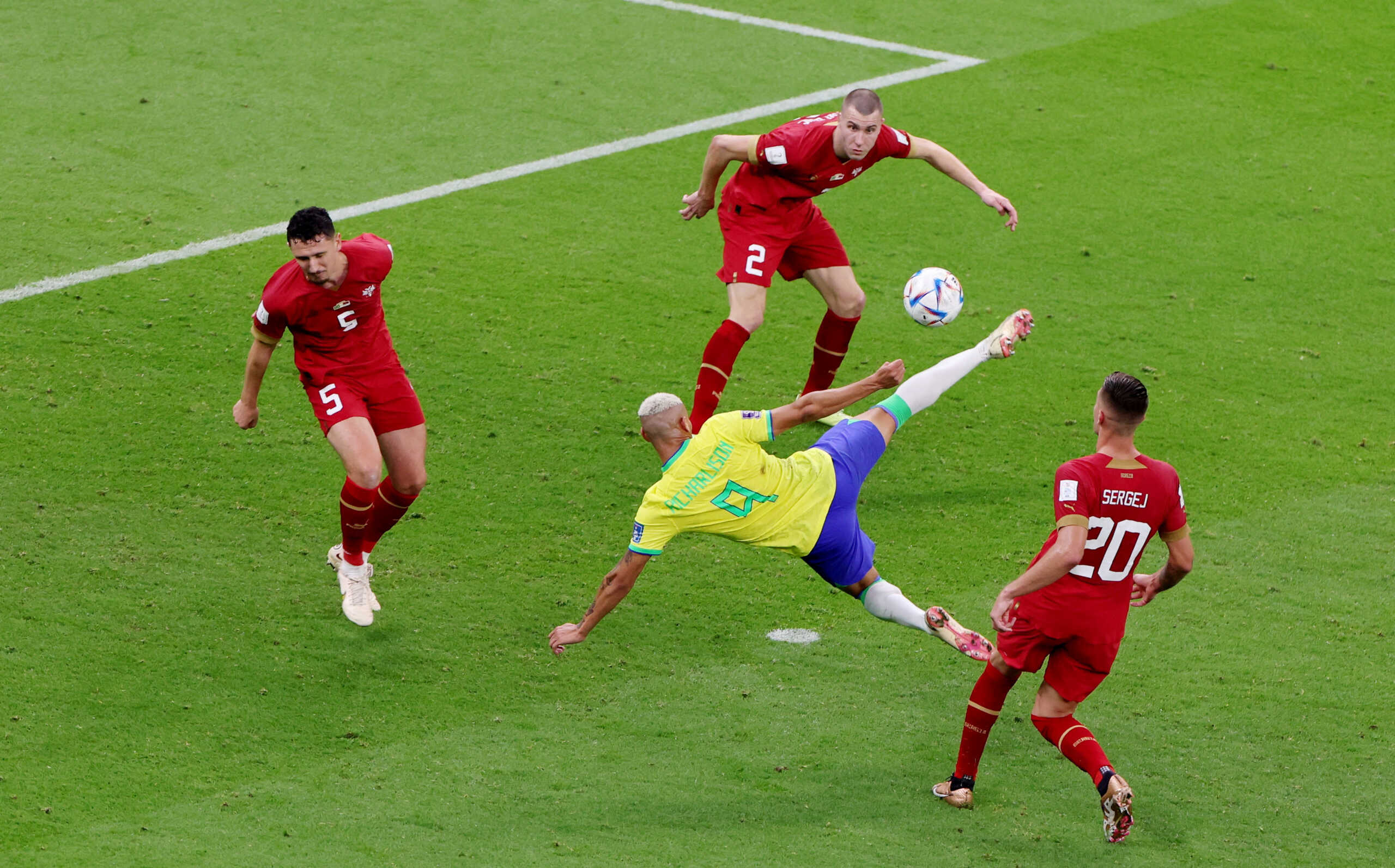 Soccer Football - FIFA World Cup Qatar 2022 - Group G - Brazil v Serbia - Lusail Stadium, Lusail, Qatar - November 24, 2022 Brazil's Richarlison scores their second goal REUTERS
