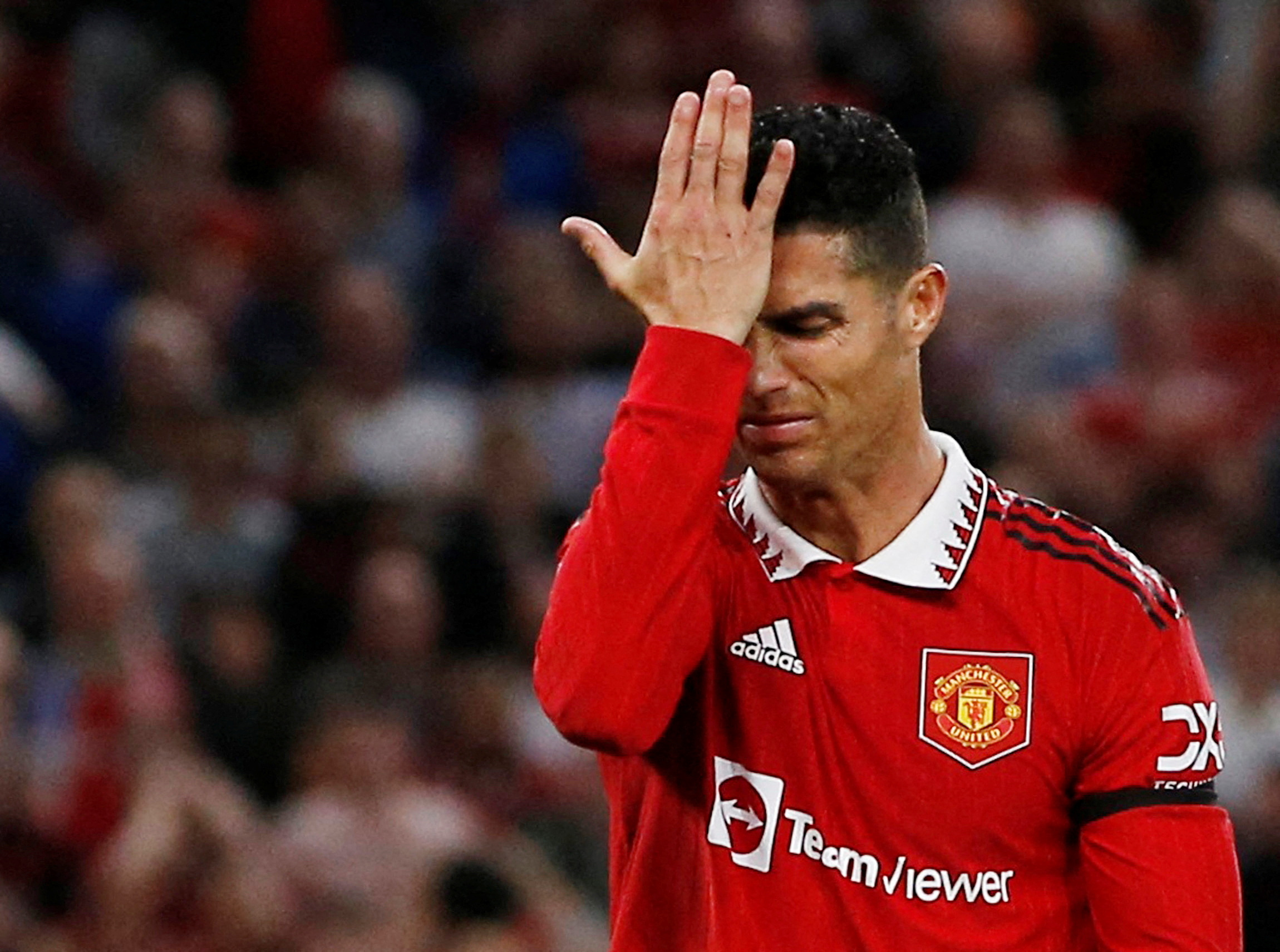 FILE PHOTO: Soccer Football - Europa League - Group E - Manchester United v Real Sociedad - Old Trafford, Manchester, Britain - September 8, 2022 Manchester United's Cristiano Ronaldo reacts REUTERS
